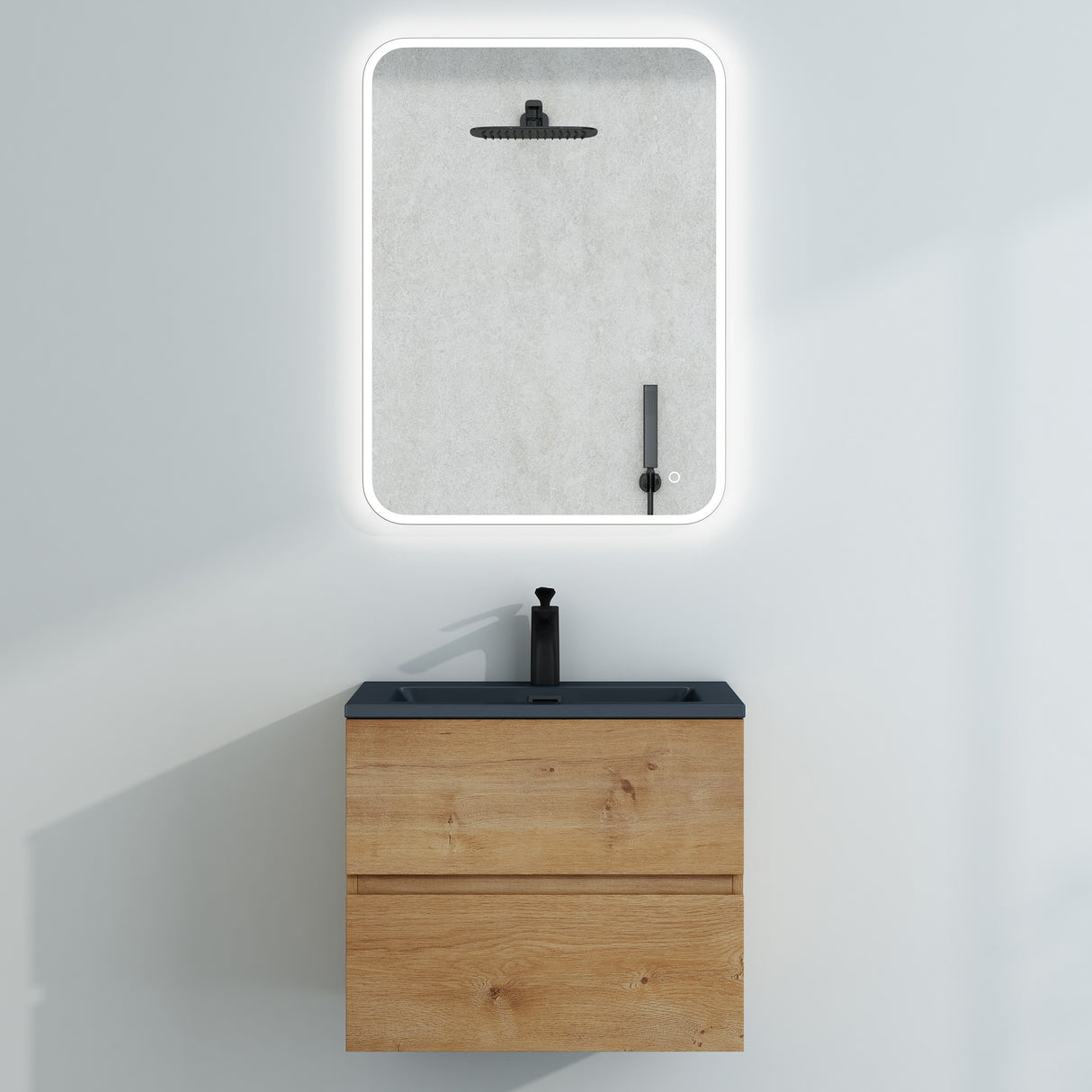 glasvilla Badmöbel-Set Waschtisch mit Unterschrank Mineralguss Waschbecken in Anthrazit Waschbeckenunterschrank 2-Schubladen Soft-Close Aqualis