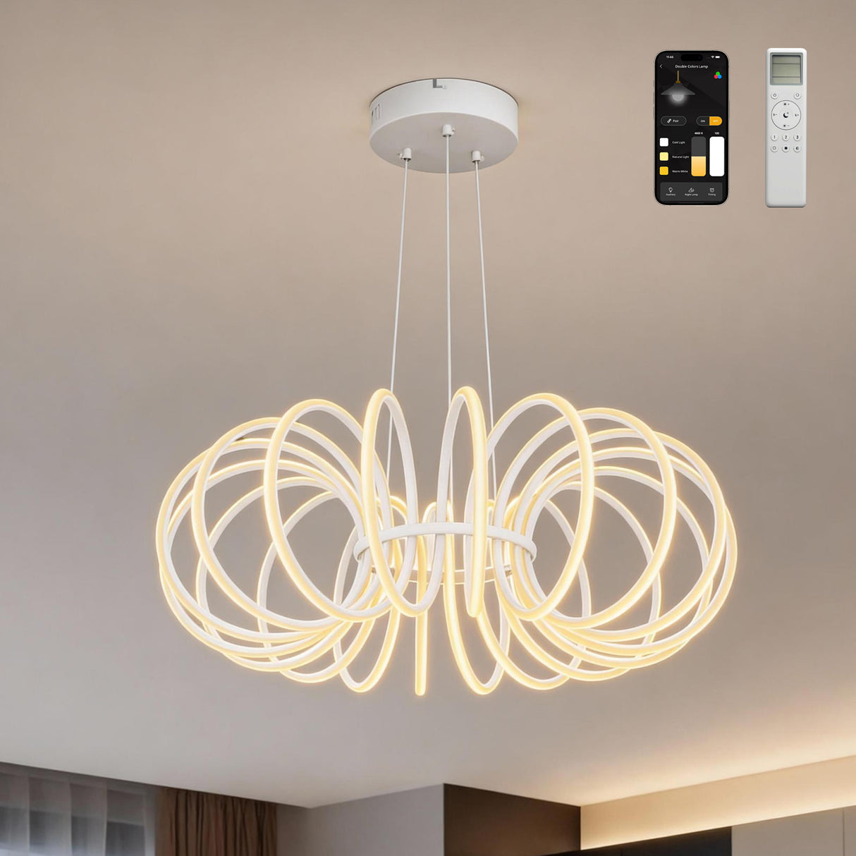 glasvilla Pendelleuchte Esstisch, 61cm LED Moderne Hängelampe Sandweiß, stufenlos dimmbar 3000K–6000K, höhenverstellbare Design 120W Esstischlampe mit Fernbedienung & Wandschalter Nuvora05