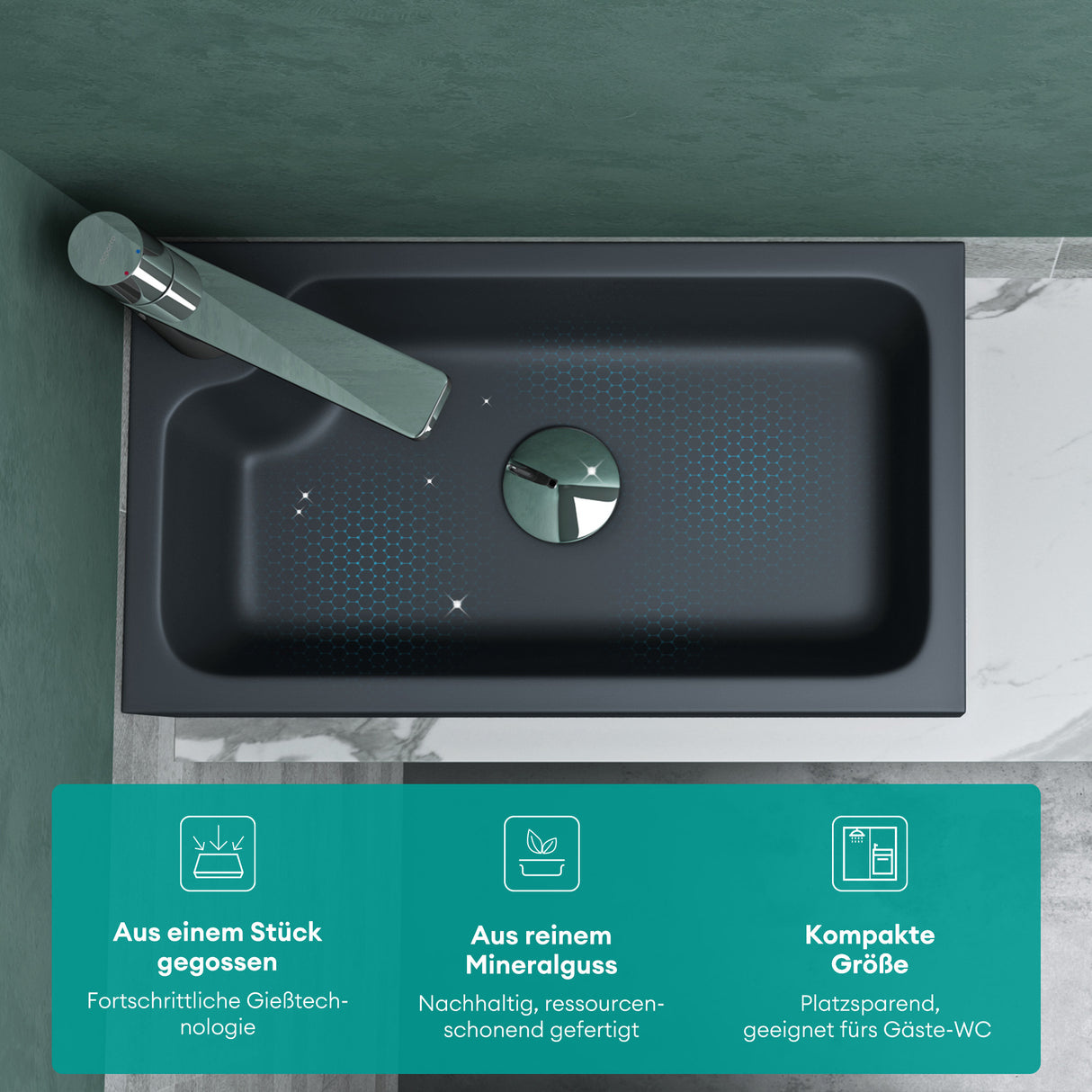 glasvilla Waschbecken Gäste WC Aufsatzwaschbecken mit Hahnloch 46x26x11cm Mineralguss Eckig Klein Waschschale Waschplatz Col101