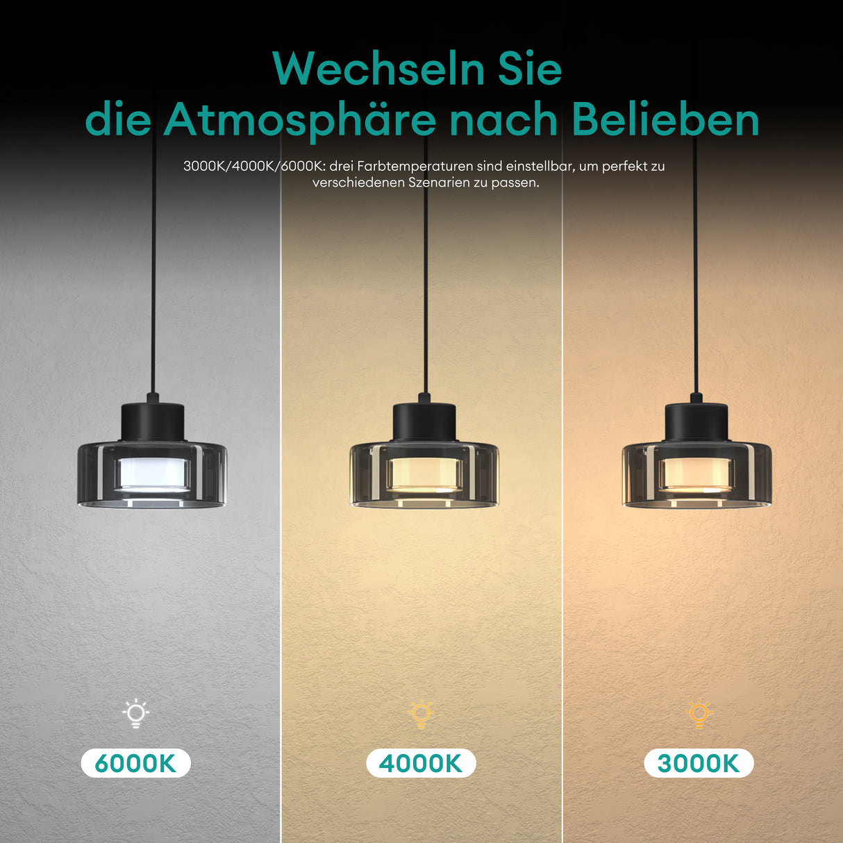 Glasvilla Design – Lámpara colgante LED negra regulable 3000K–6000K con cable ajustable