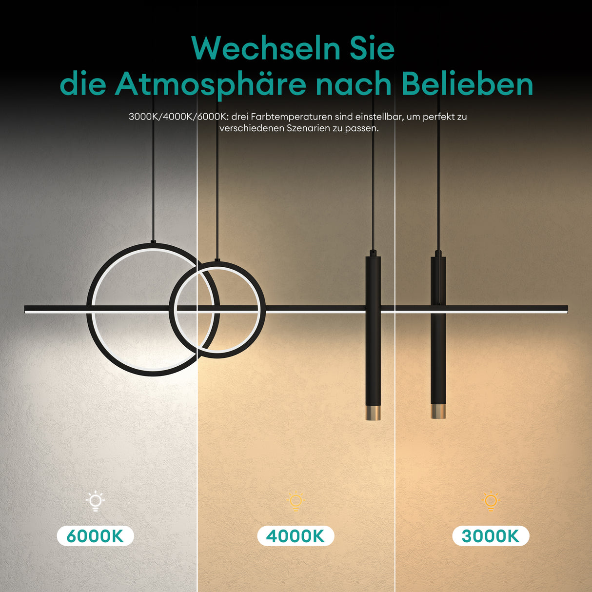 glasvilla Pendelleuchte 100cm LED Hängelampe Linear design 3000K/4000K/6000K Verstellbares Kabel 38W Hängeleuchte für Esszimmer Wohnzimmer Schlafzimmer