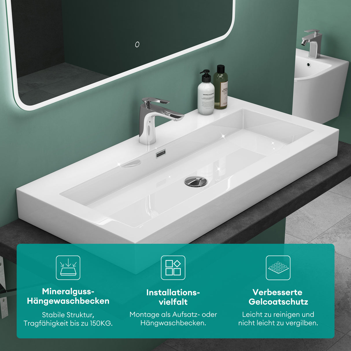 glasvilla Waschbecken Col18 Hängewaschtisch Aufsatzwaschbecken Mineralguss 1 Armaturenloch rechteckig