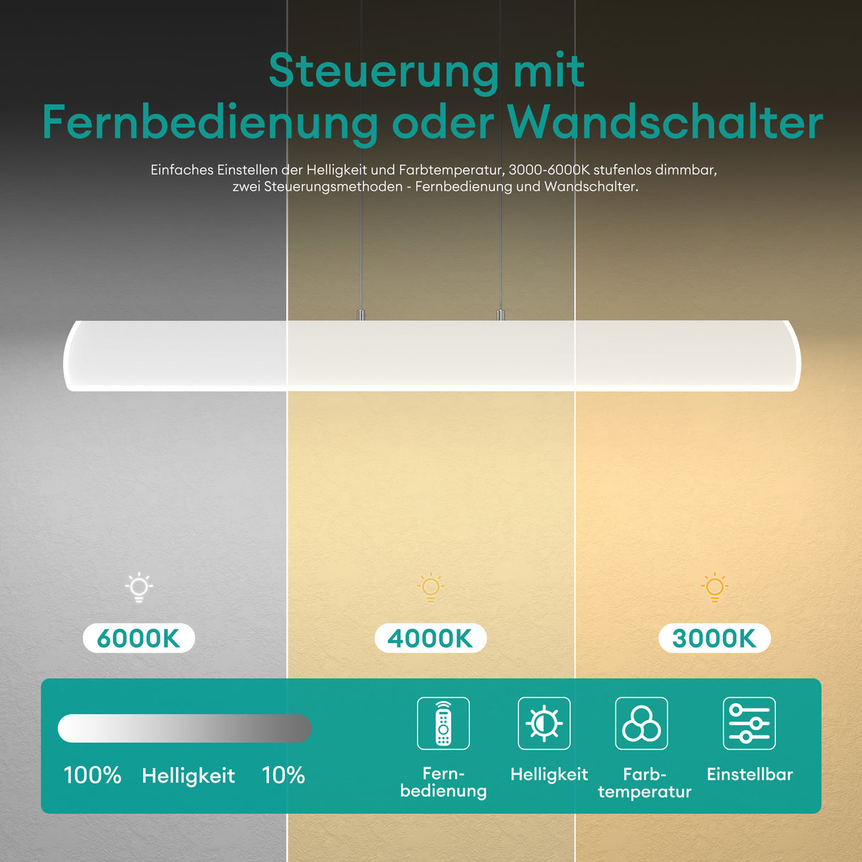 glasvilla Pendelleuchte 100cm LED Hängelampe Dimmbar mit Fernbedienung 3000K/4000K/6000K Verstellbares Kabel 20W Hängeleuchte Alivetta3730