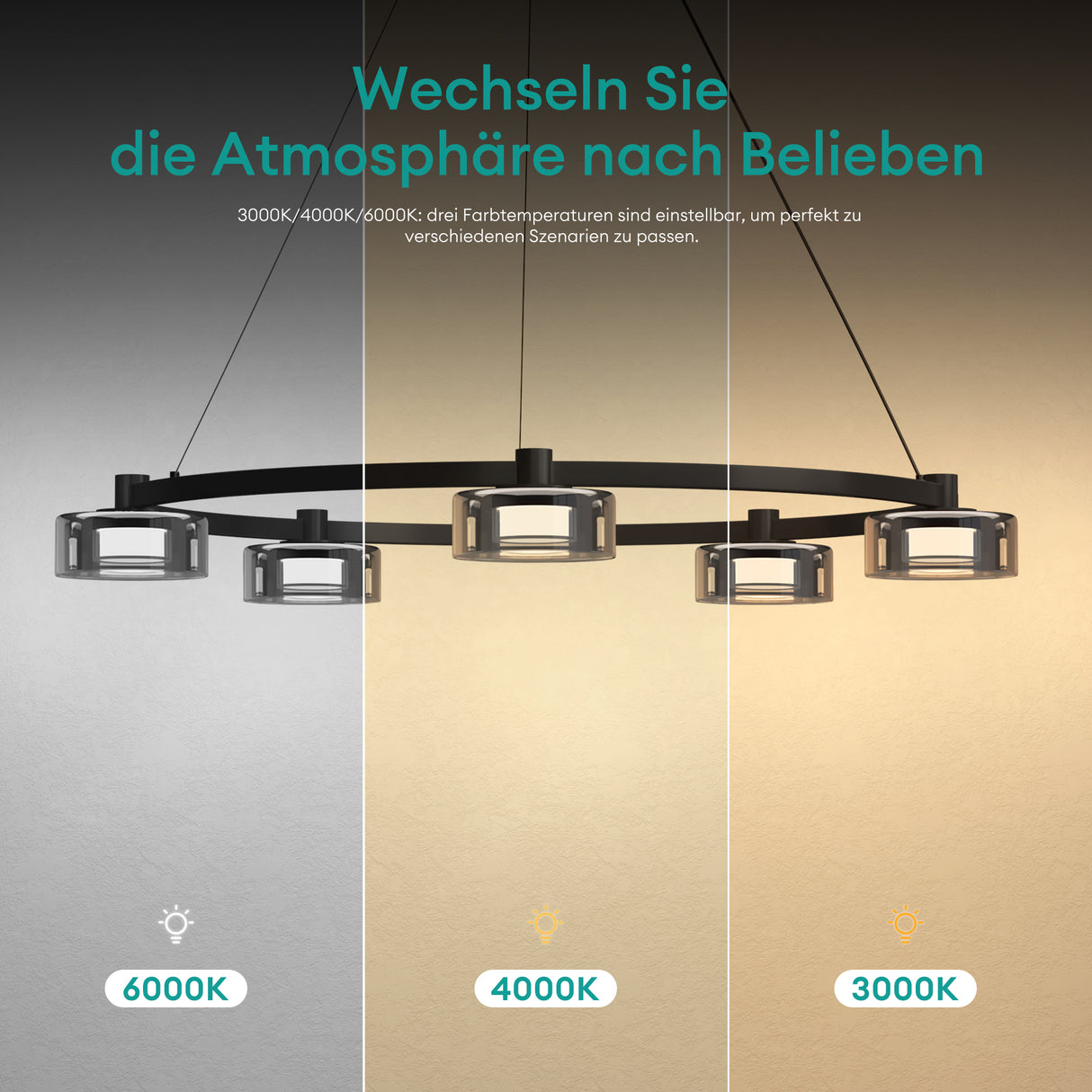 glasvilla Pendelleuchte LED Hängelampe 3000K/4000K/6000K Verstellbares Kabel Schwarz Hängeleuchte für Esszimmer Wohnzimmer Schlafzimmer