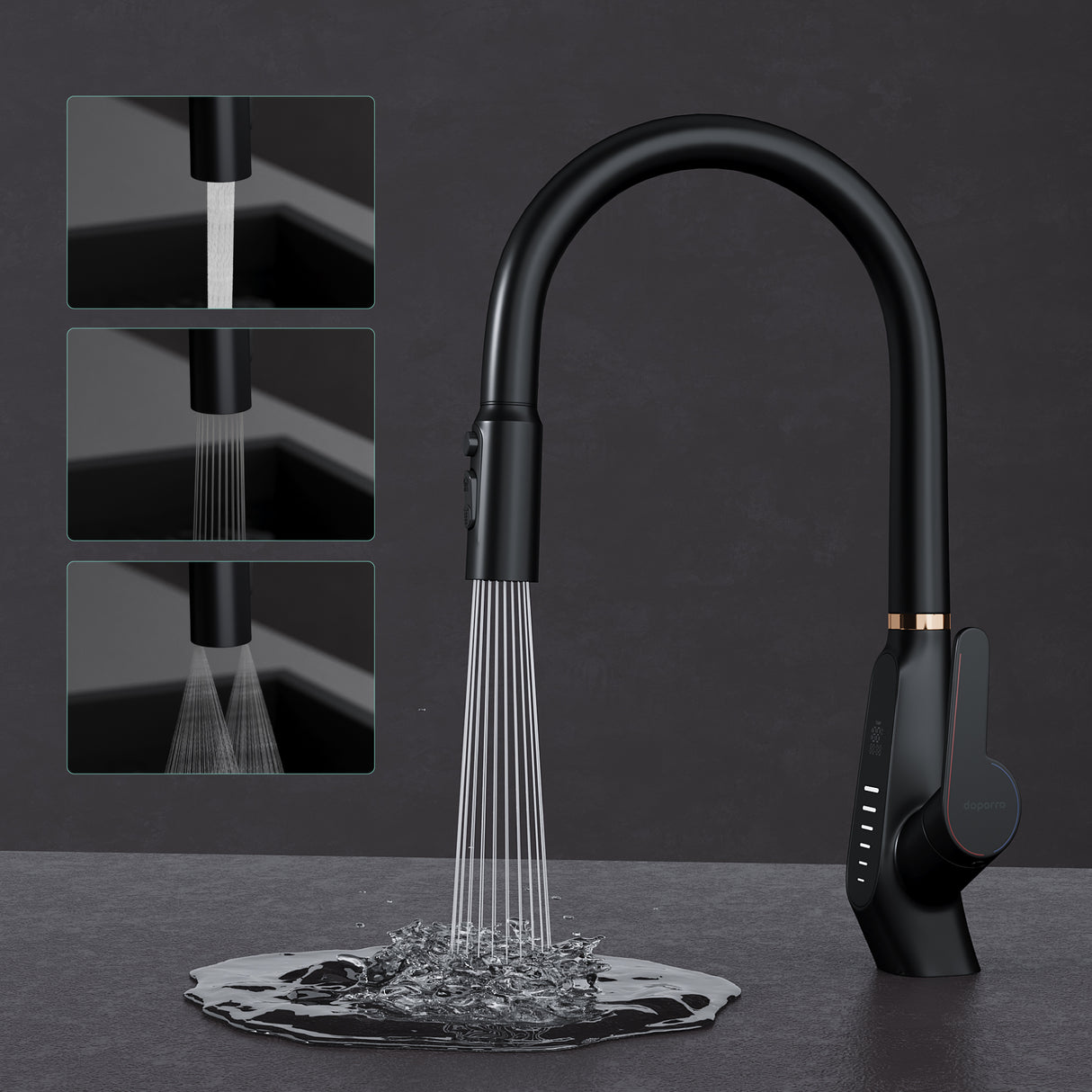 glasvilla Wasserhahn Küche Küchenarmatur ausziehbar 360° drehbar 3 Wasserstrahl-Modi LED-Digitalanzeige Küchenwasserhahn Spültischarmatur MS-8085