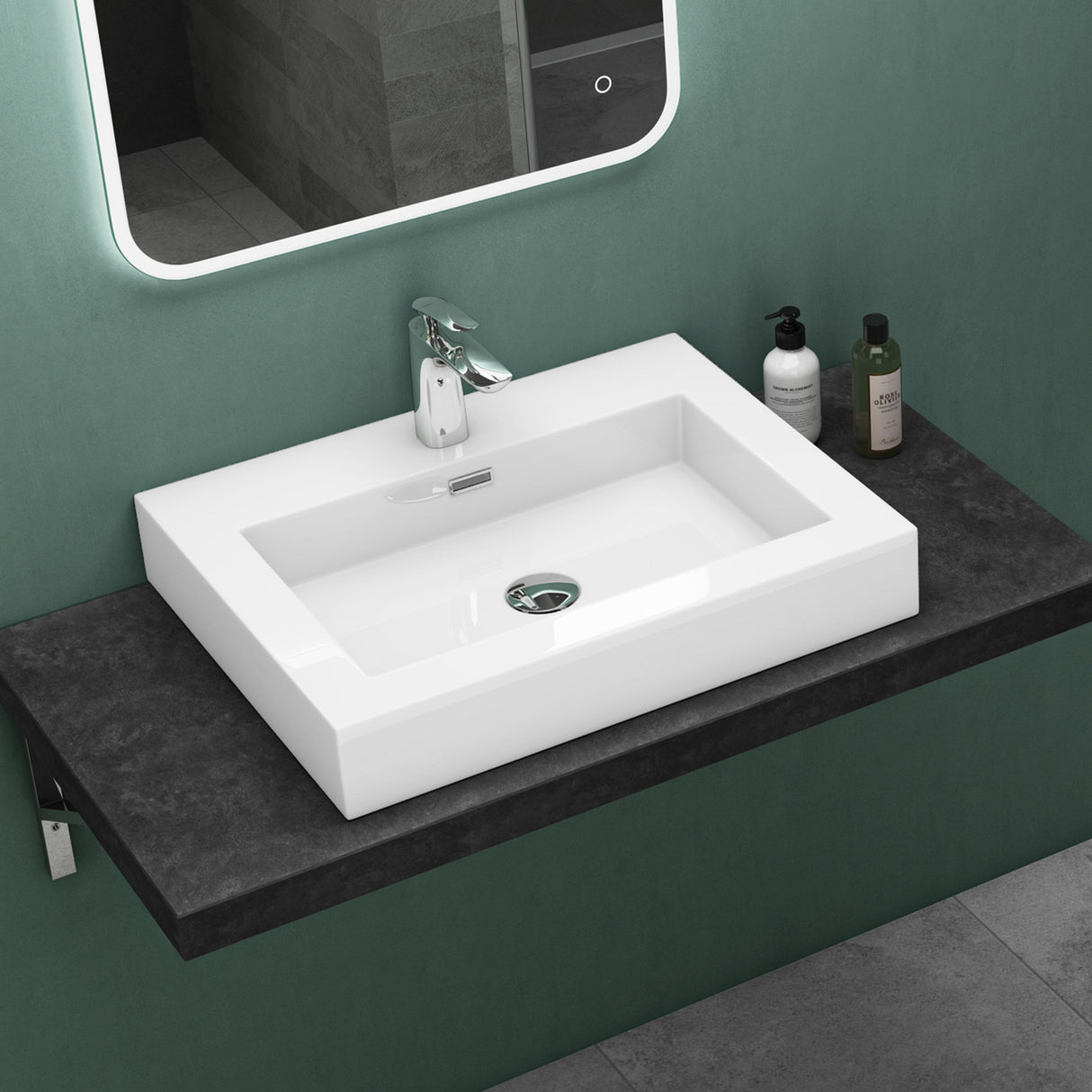 glasvilla Waschbecken Col18 Hängewaschtisch Aufsatzwaschbecken Mineralguss 1 Armaturenloch rechteckig