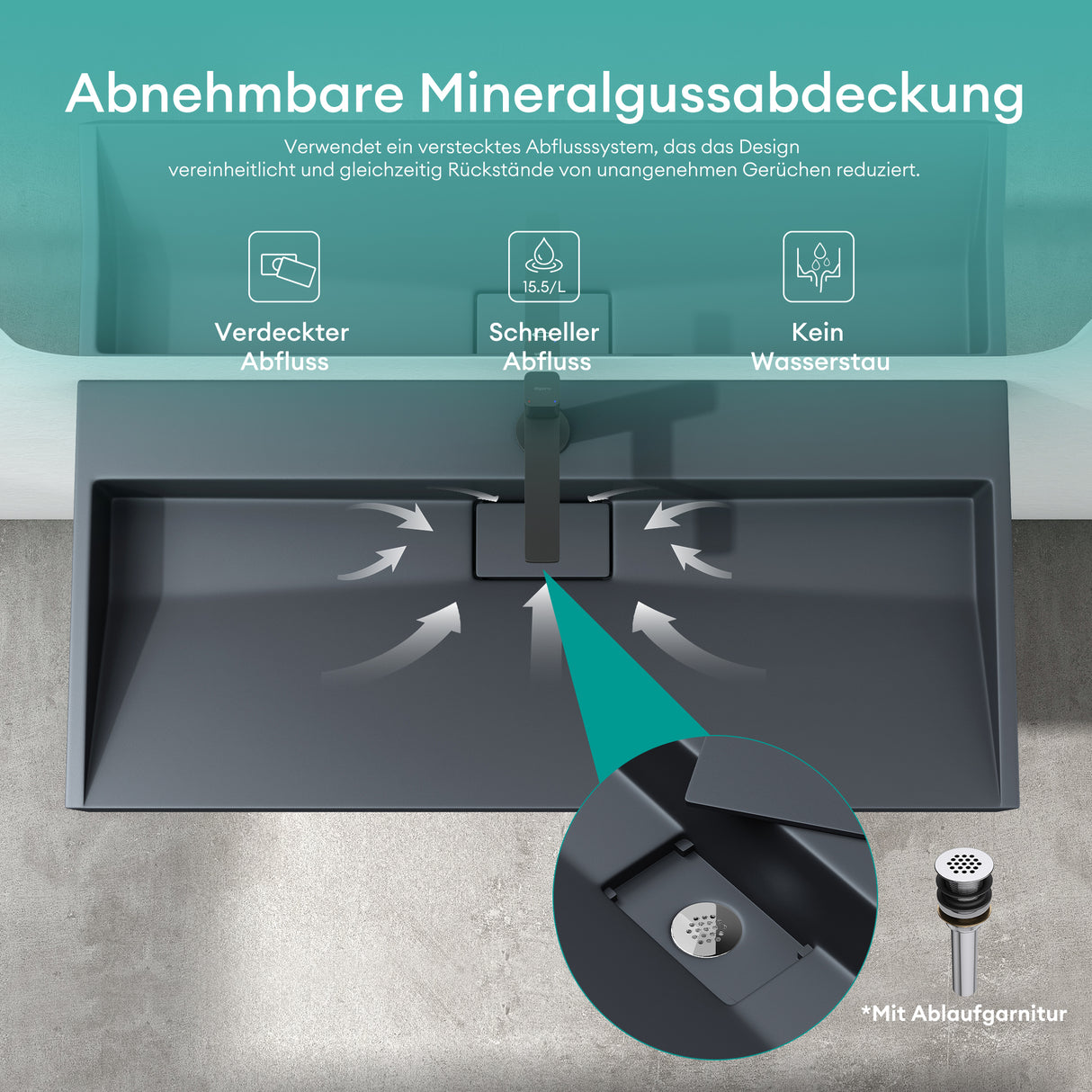 glasvilla Waschbecken Aufsatzwaschbecken Hängewaschbecken Hängewaschtisch inkl. Ablaufgarnitur Mineralguss Rechteckig Waschplatz col19