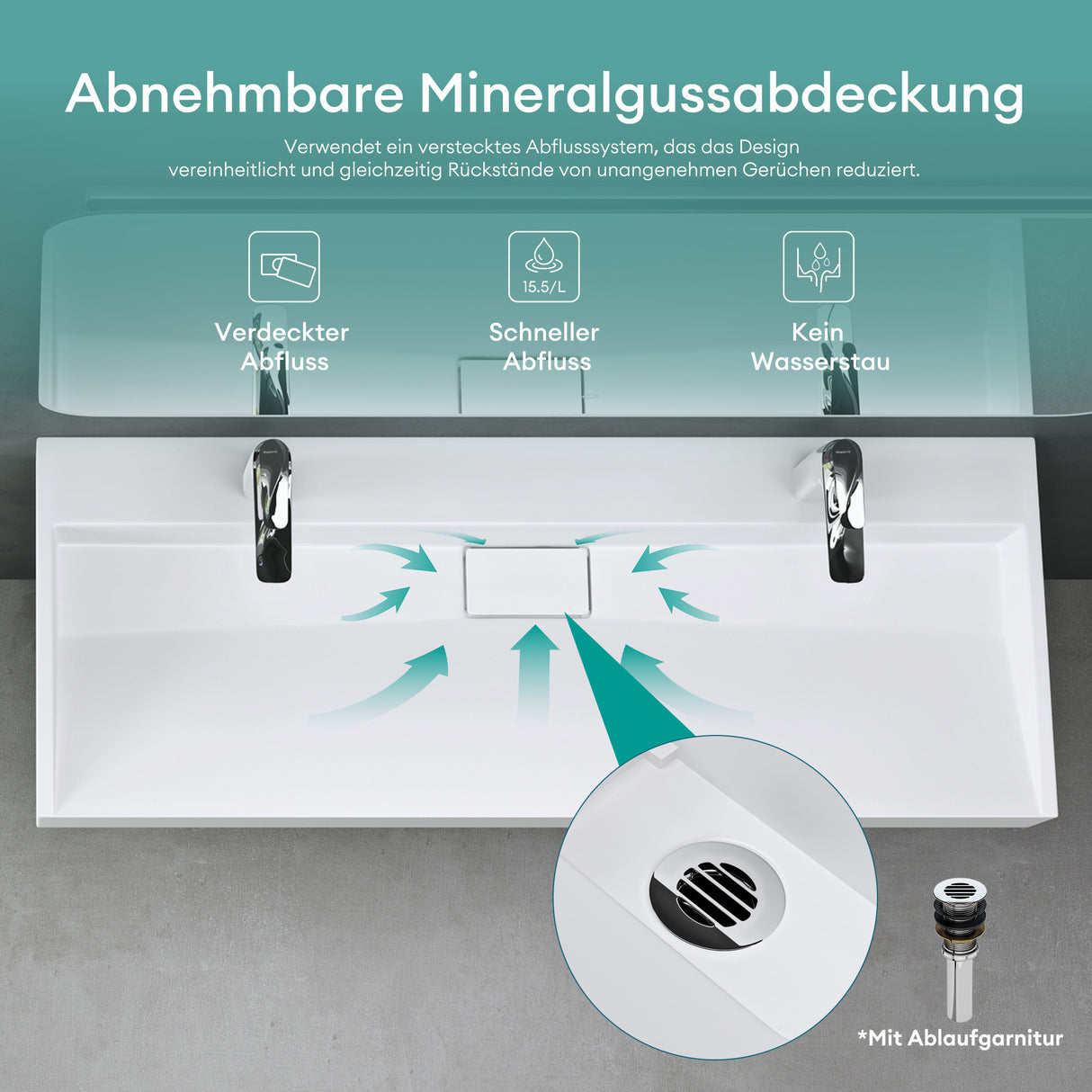 glasvilla Waschbecken Aufsatzwaschbecken Hängewaschbecken Hängewaschtisch inkl. Ablaufgarnitur Mineralguss Rechteckig Waschplatz col19