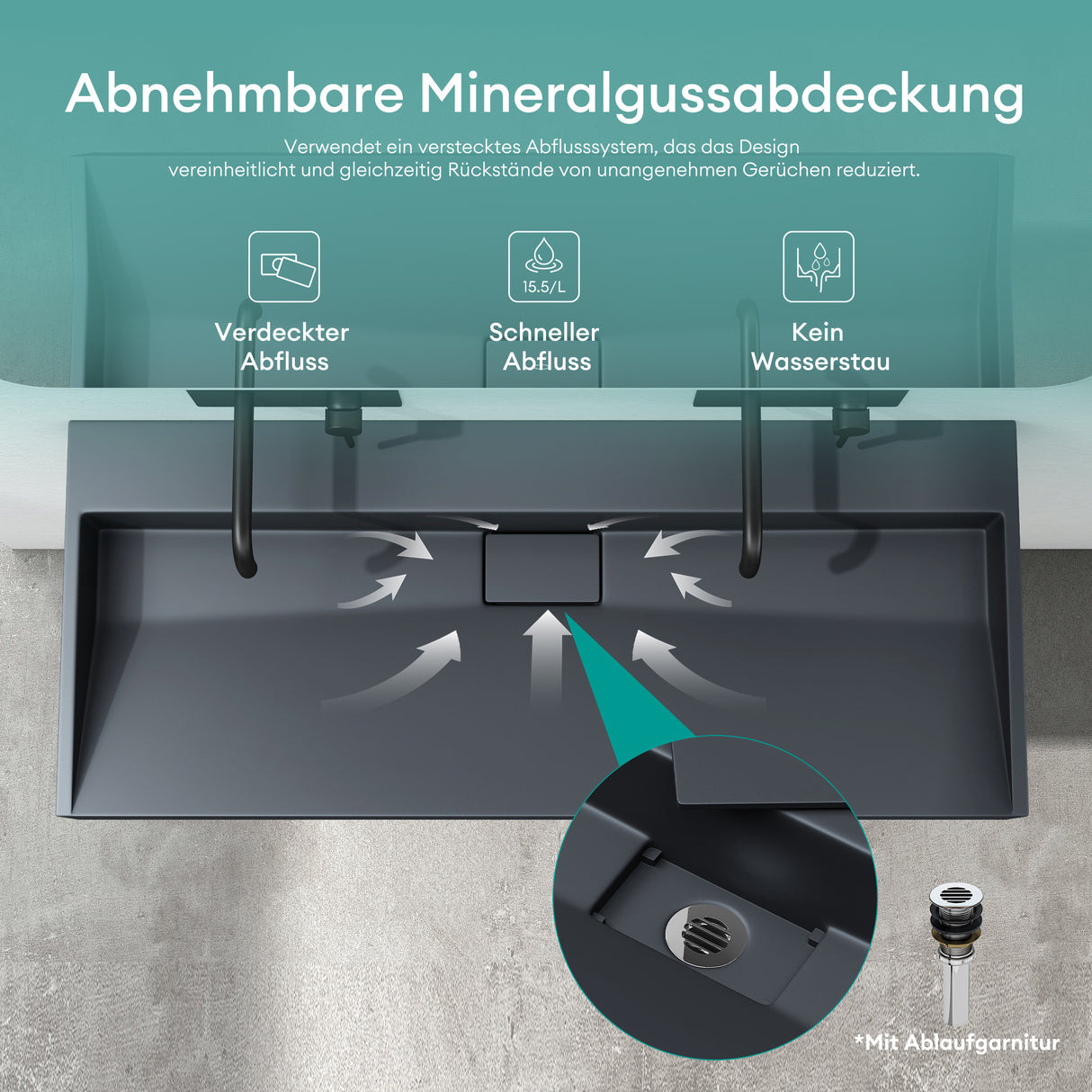 glasvilla Waschbecken Aufsatzwaschbecken Hängewaschbecken Hängewaschtisch inkl. Ablaufgarnitur Mineralguss Rechteckig Waschplatz col19