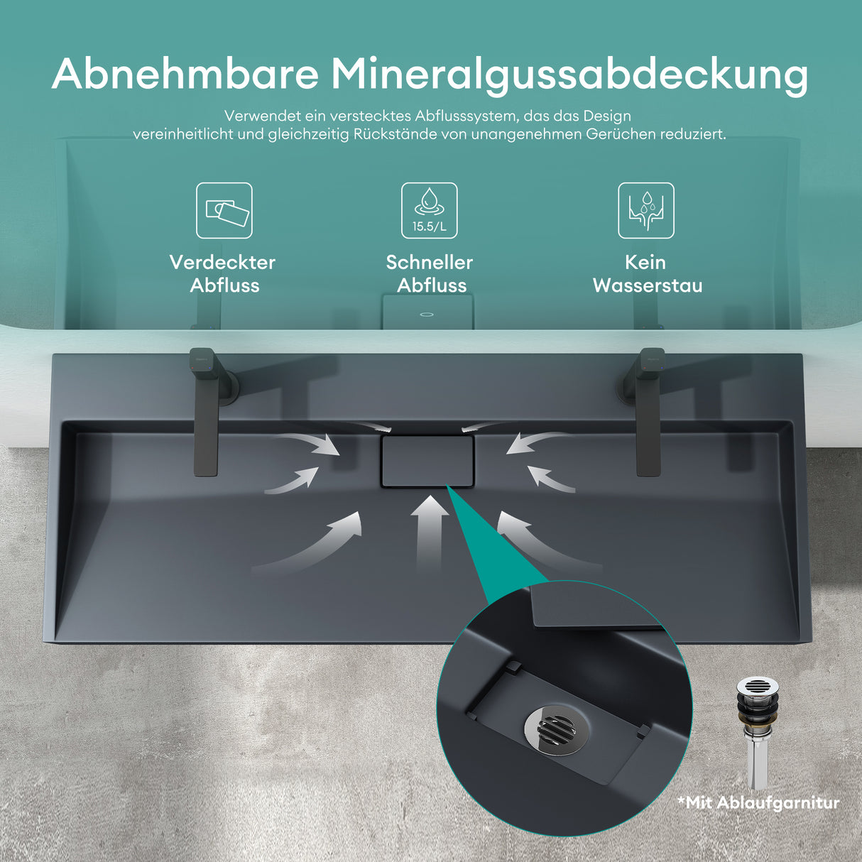 glasvilla Waschbecken Aufsatzwaschbecken Hängewaschbecken Hängewaschtisch inkl. Ablaufgarnitur Mineralguss Rechteckig Waschplatz col19