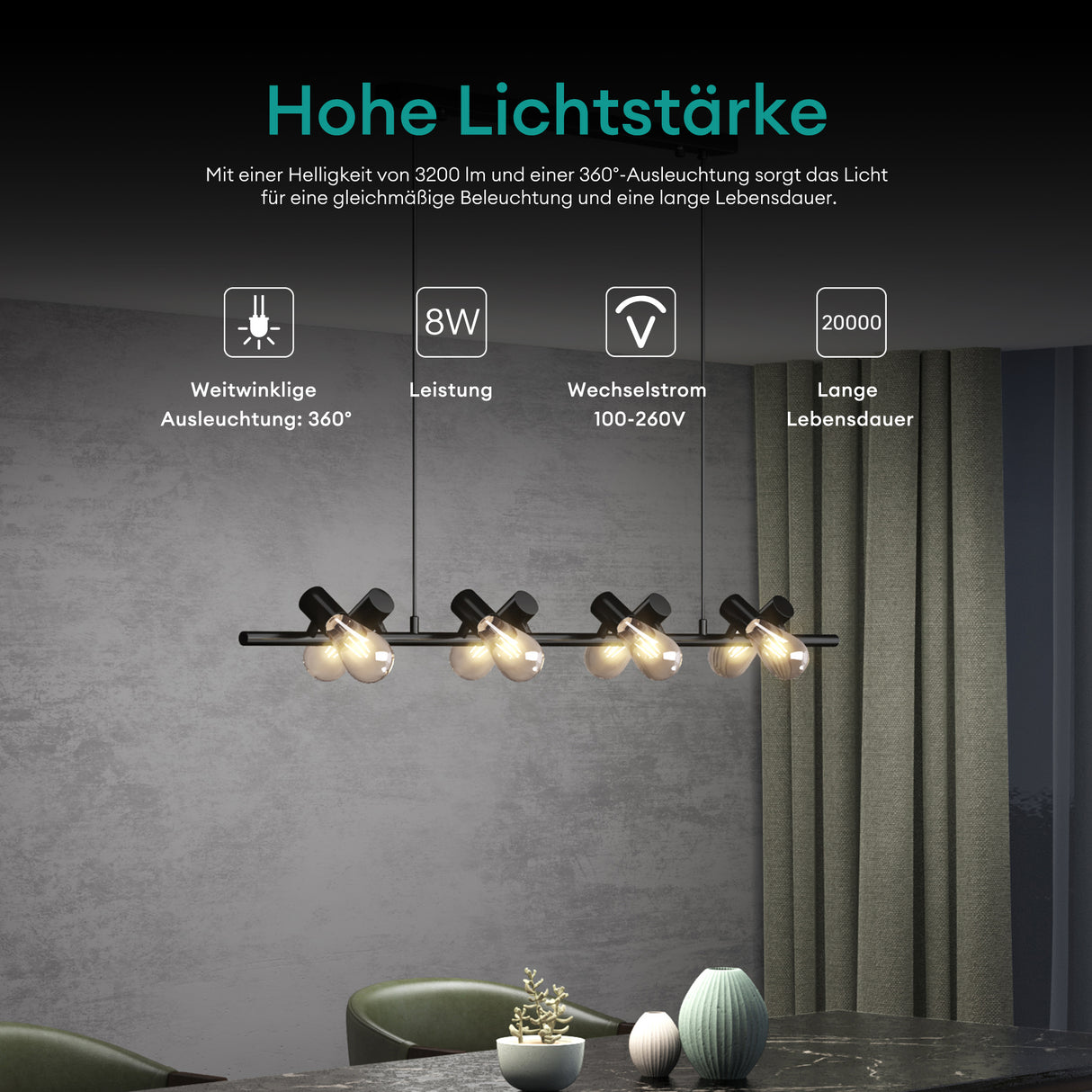 Glasvilla Design – Lámpara colgante LED negra 120 cm con 8 luces E27, cable ajustable (4000K)