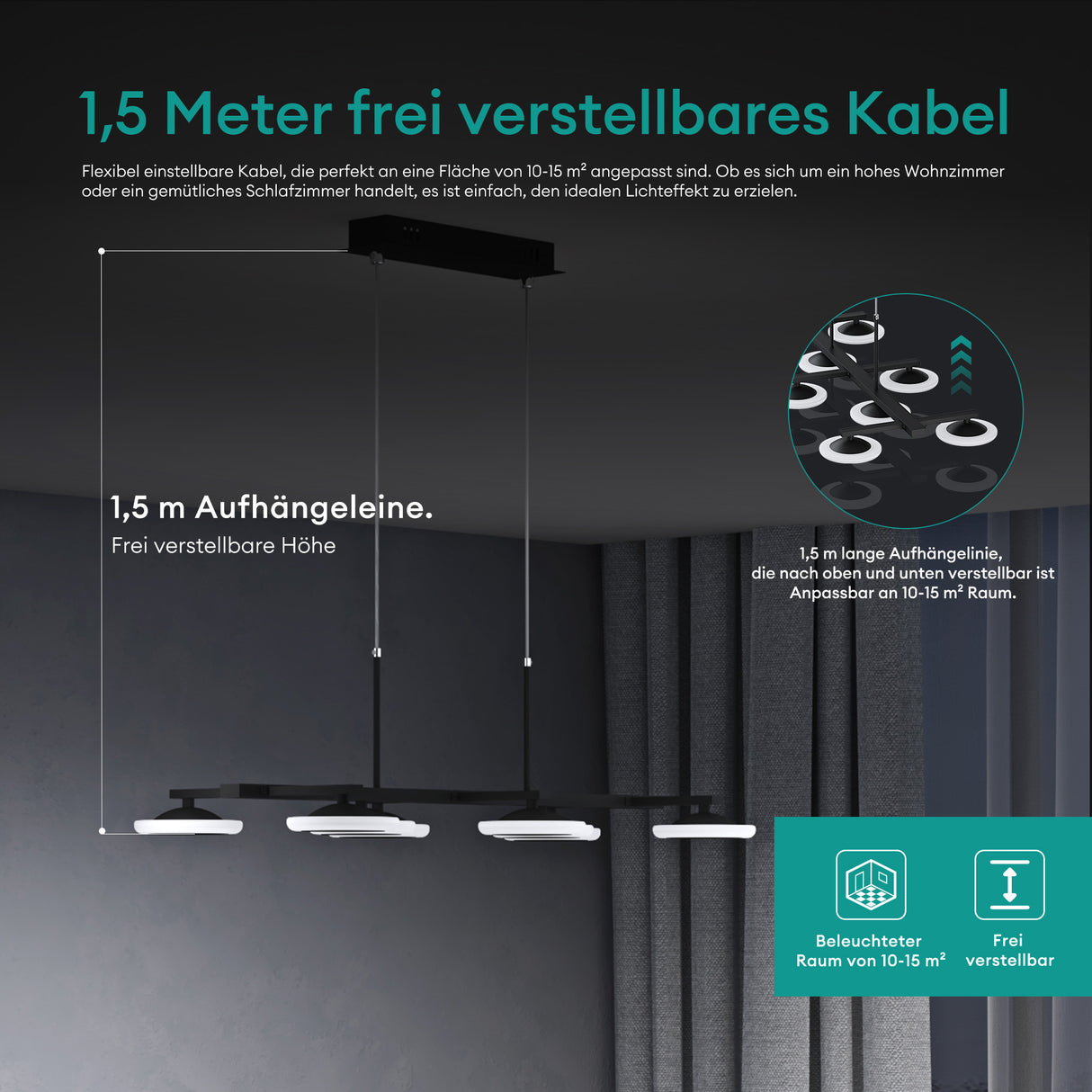 glasvilla Lampadario a Sospensione 32W, 72cm, Lampada da Soffitto a Sospensione Dimmerabile con Telecomando 3000K/4000K/6000K per Sala da Pranzo, Camera da Letto e Soggiorno