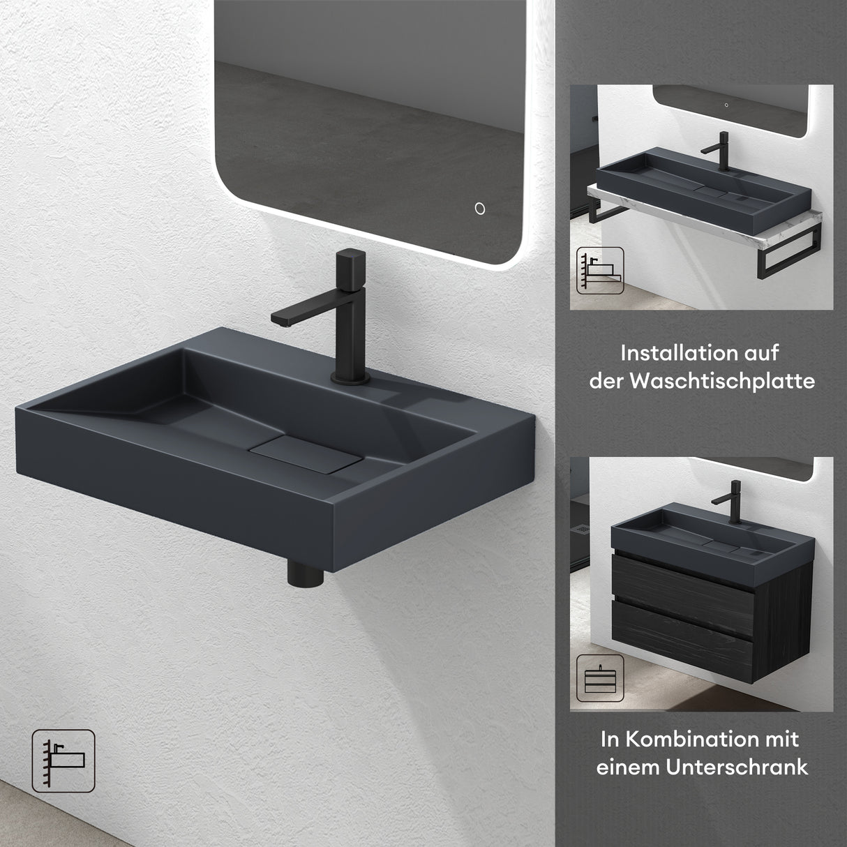 glasvilla Waschbecken Aufsatzwaschbecken Hängewaschbecken Hängewaschtisch inkl. Ablaufgarnitur Mineralguss Rechteckig Waschplatz col19