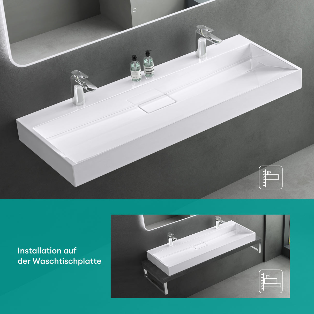 glasvilla Waschbecken Aufsatzwaschbecken Hängewaschbecken Hängewaschtisch inkl. Ablaufgarnitur Mineralguss Rechteckig Waschplatz col19