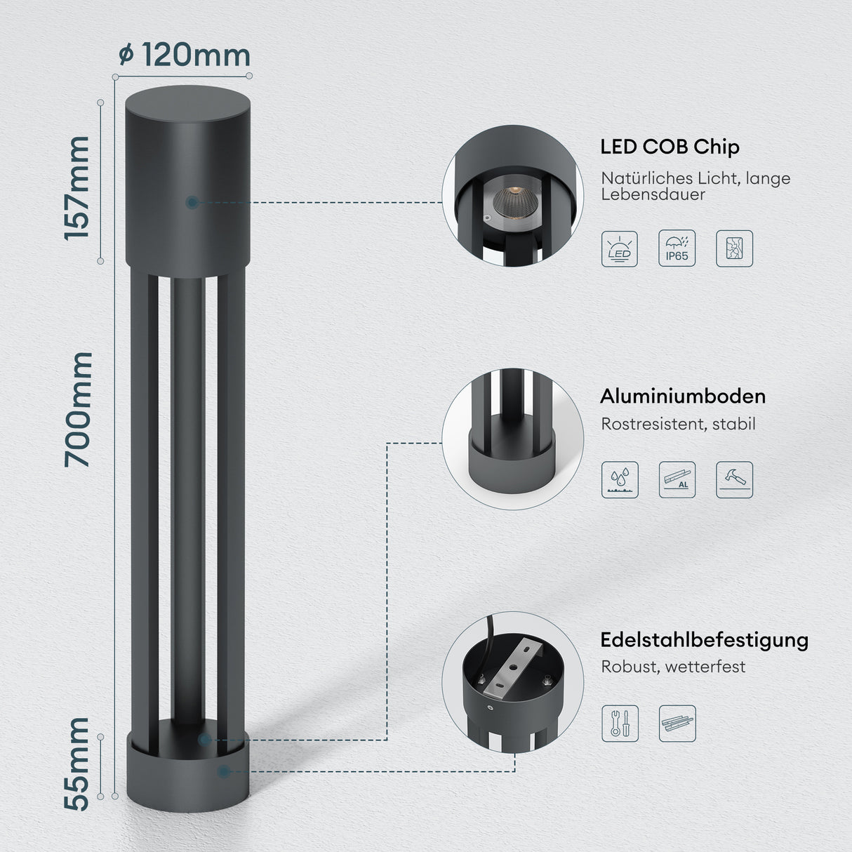 glasvilla Außenleuchte ⌀120xH700mm IP65 Wegeleuchte Außen | Pollerleuchte für Garten, 3000K Stehlampe Gartenlampe | Außenlampe Standleuchte 10W NeoForge