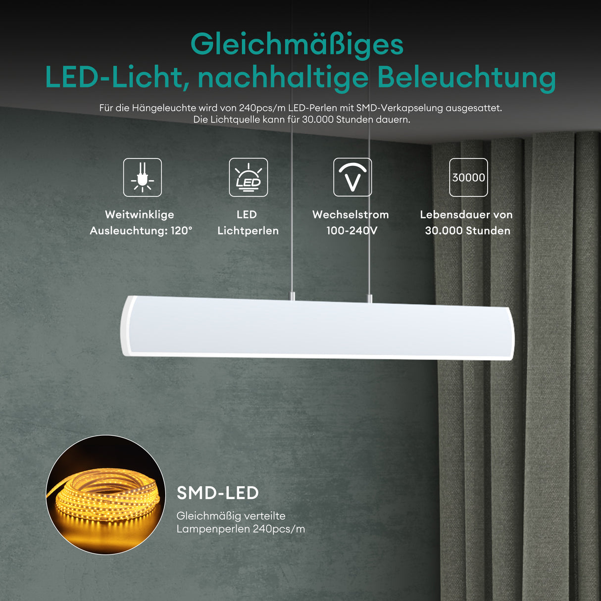 glasvilla Pendelleuchte 100cm LED Hängelampe Dimmbar mit Fernbedienung 3000K/4000K/6000K Verstellbares Kabel 20W Hängeleuchte Alivetta3730