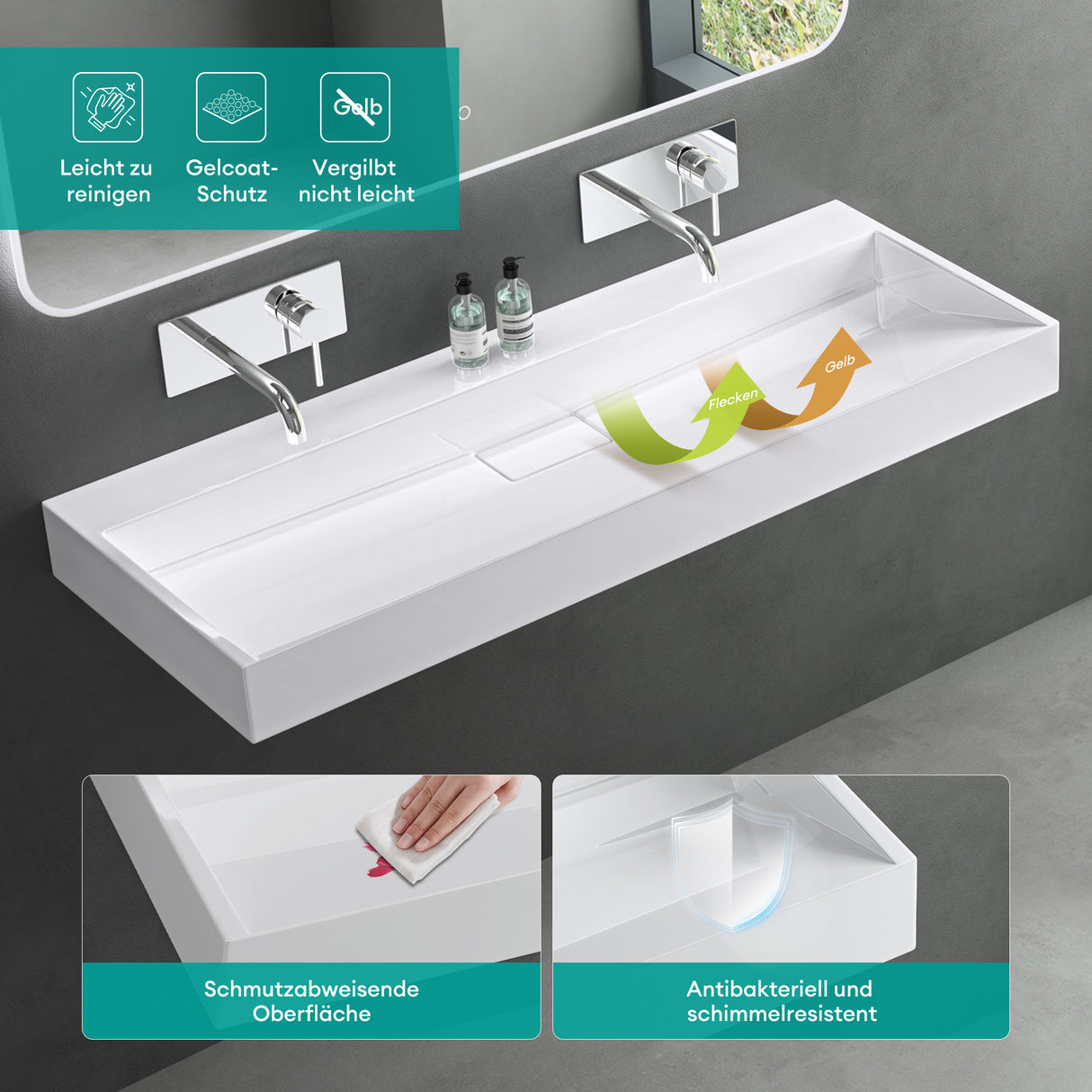 glasvilla Waschbecken Aufsatzwaschbecken Hängewaschbecken Hängewaschtisch inkl. Ablaufgarnitur Mineralguss Rechteckig Waschplatz col19