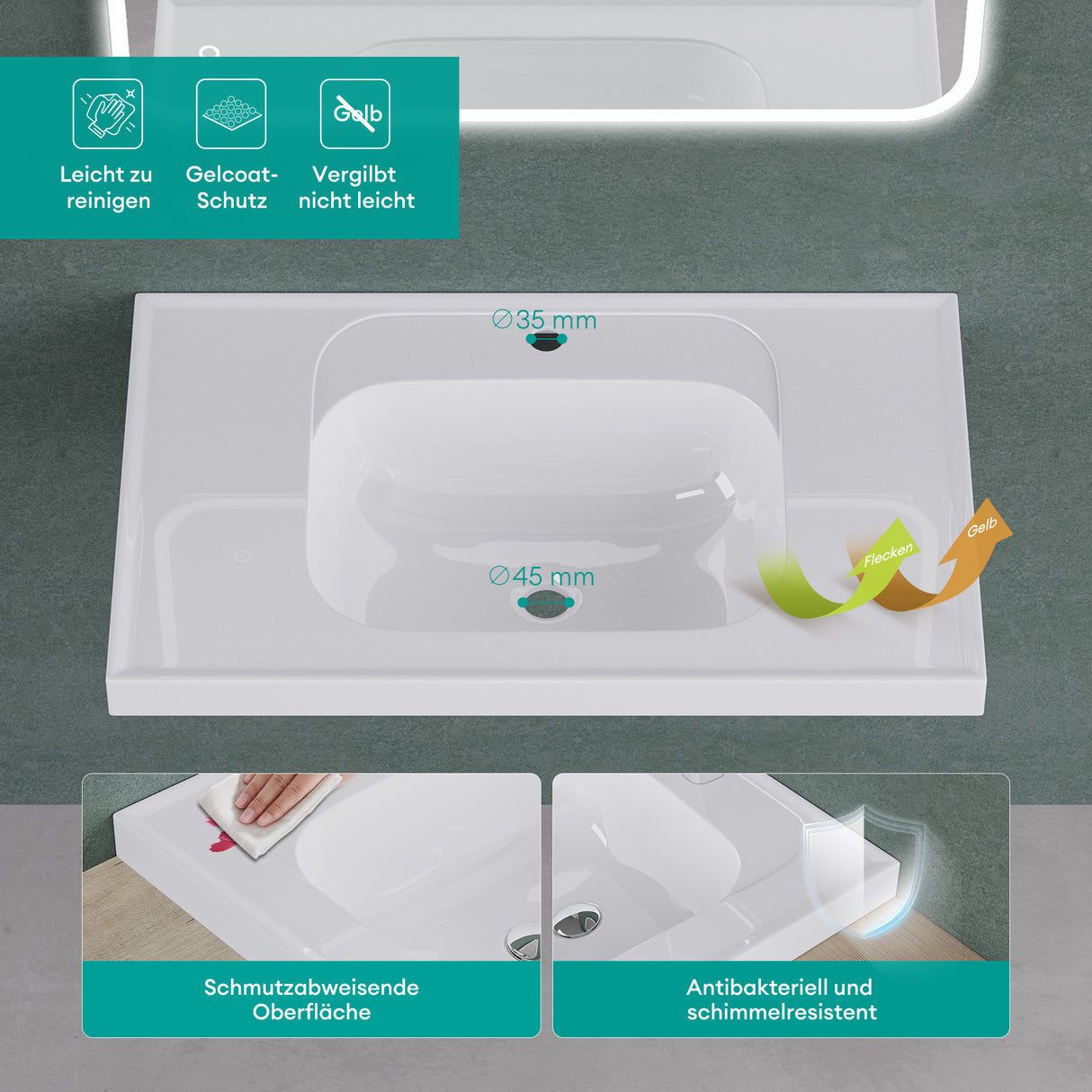 glasvilla Waschbecken Glänzend Weiß Einbauwaschbecken Waschtisch Mineralguss Rechteckig Waschplatz Col3601