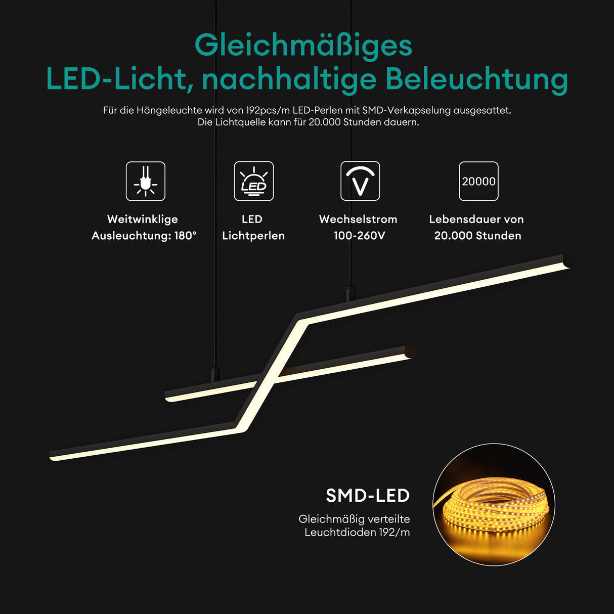 glasvilla Pendelleuchte 105cm LED Hängelampe Linear design 3000K/4000K/6000K Verstellbares Kabel 18W Hängeleuchte für Esszimmer Wohnzimmer Schlafzimmer
