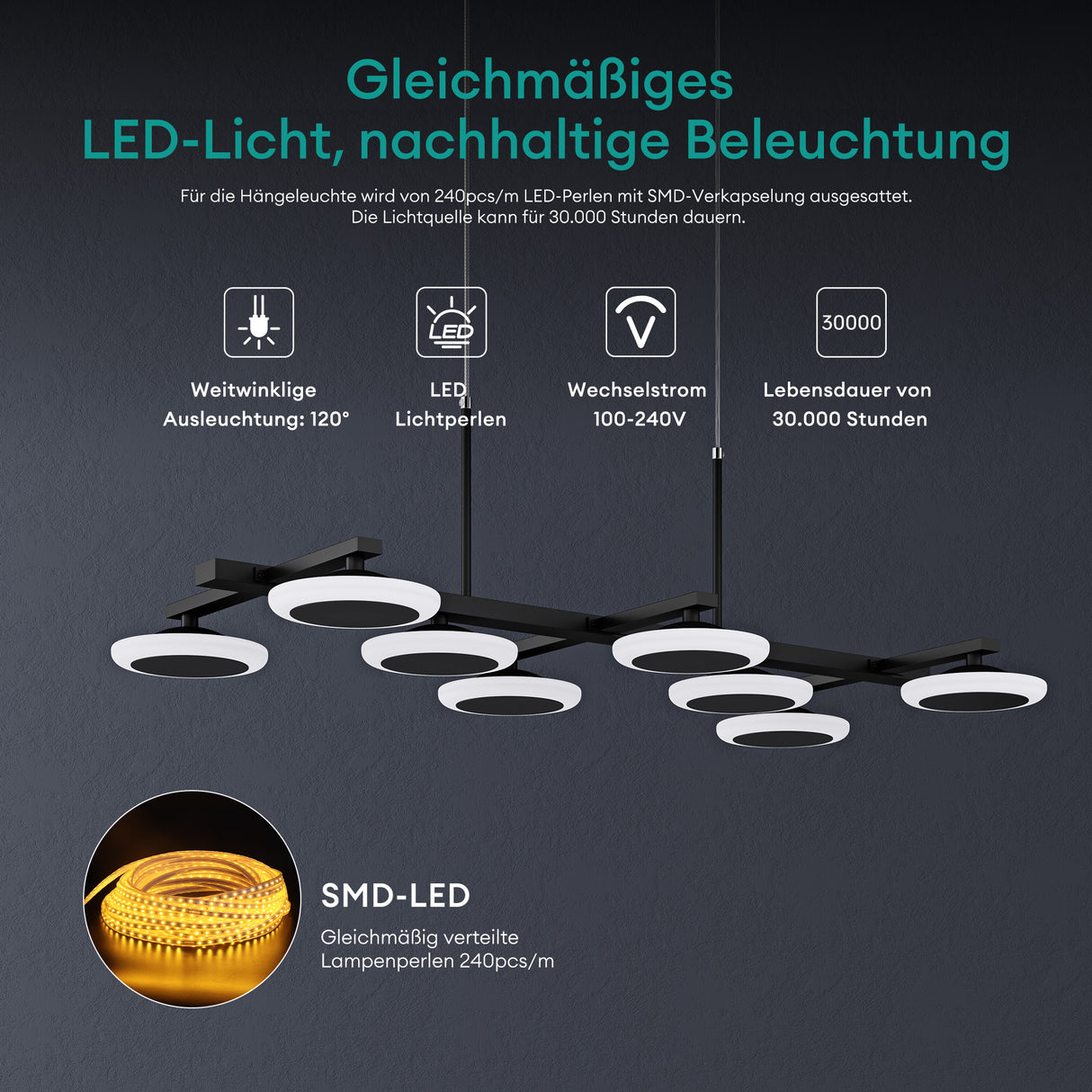 glasvilla Lampadario a Sospensione 32W, 72cm, Lampada da Soffitto a Sospensione Dimmerabile con Telecomando 3000K/4000K/6000K per Sala da Pranzo, Camera da Letto e Soggiorno