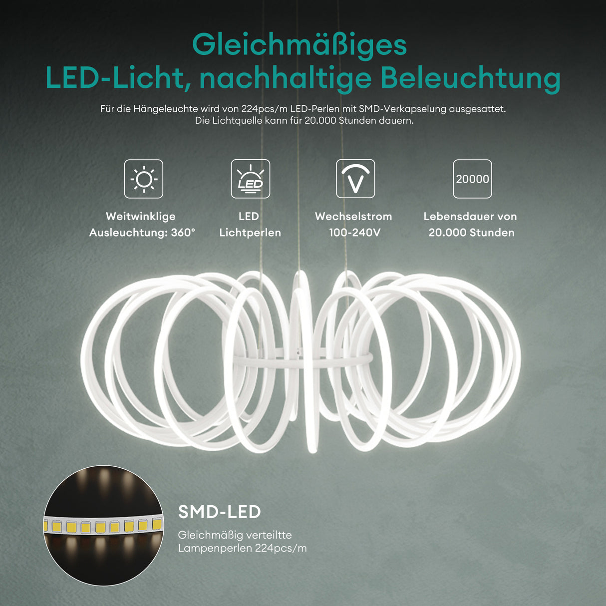 glasvilla Pendelleuchte Esstisch, 61cm LED Moderne Hängelampe Sandweiß, stufenlos dimmbar 3000K–6000K, höhenverstellbare Design 120W Esstischlampe mit Fernbedienung & Wandschalter Nuvora05