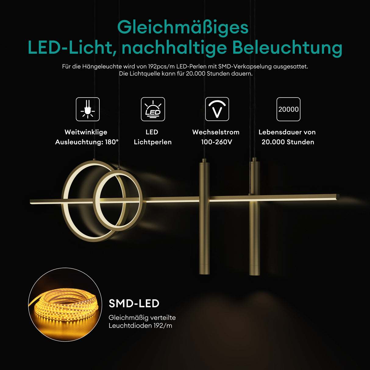 glasvilla Pendelleuchte 100cm LED Hängelampe Linear design 3000K/4000K/6000K Verstellbares Kabel 38W Hängeleuchte für Esszimmer Wohnzimmer Schlafzimmer