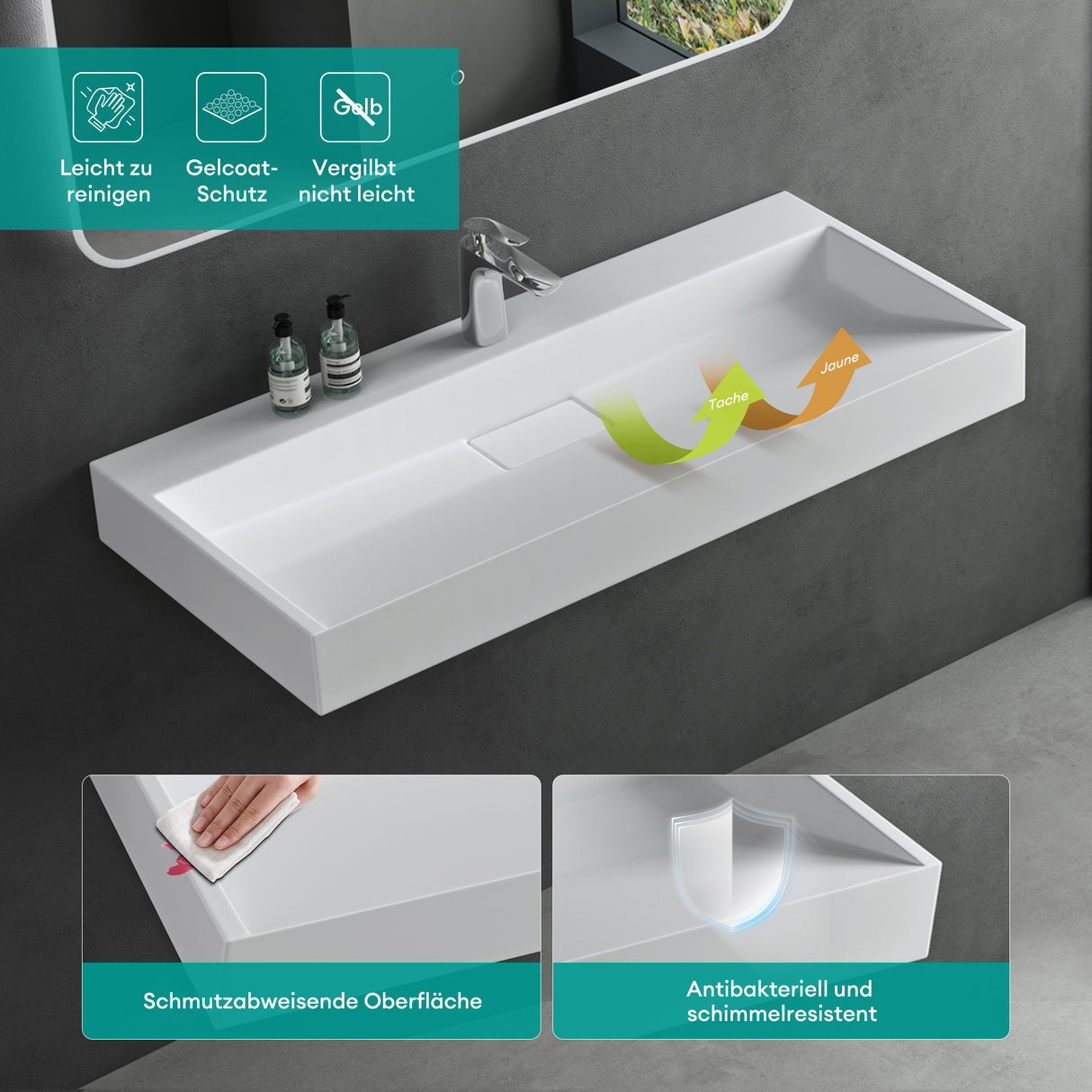 glasvilla Waschbecken Aufsatzwaschbecken Hängewaschbecken Hängewaschtisch inkl. Ablaufgarnitur Mineralguss Rechteckig Waschplatz col19