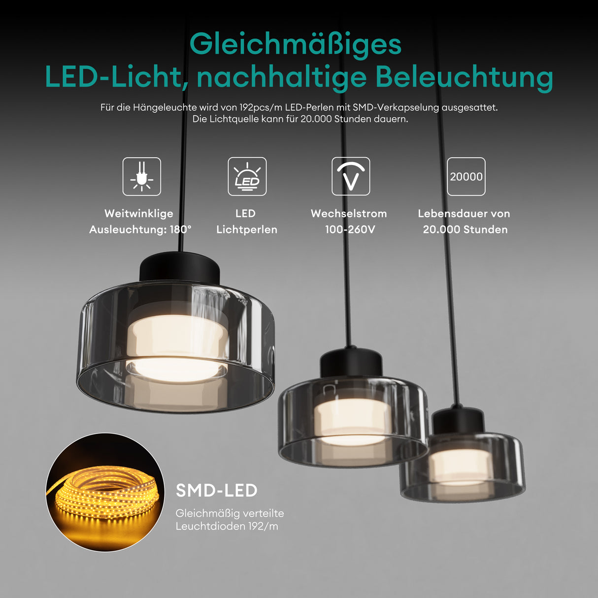 Glasvilla Design – Lámpara colgante LED negra regulable 3000K–6000K con cable ajustable