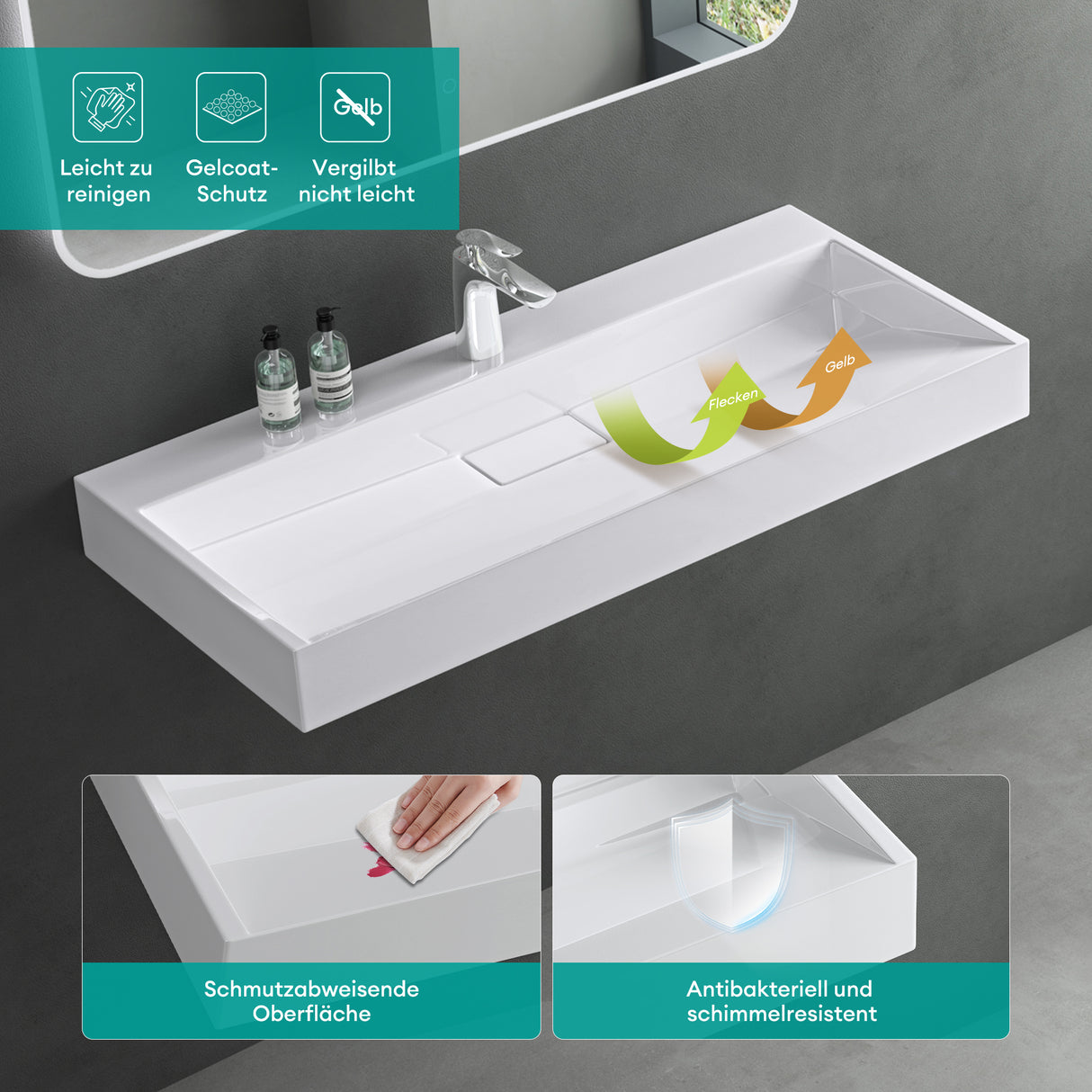 glasvilla Waschbecken Aufsatzwaschbecken Hängewaschbecken Hängewaschtisch inkl. Ablaufgarnitur Mineralguss Rechteckig Waschplatz col19