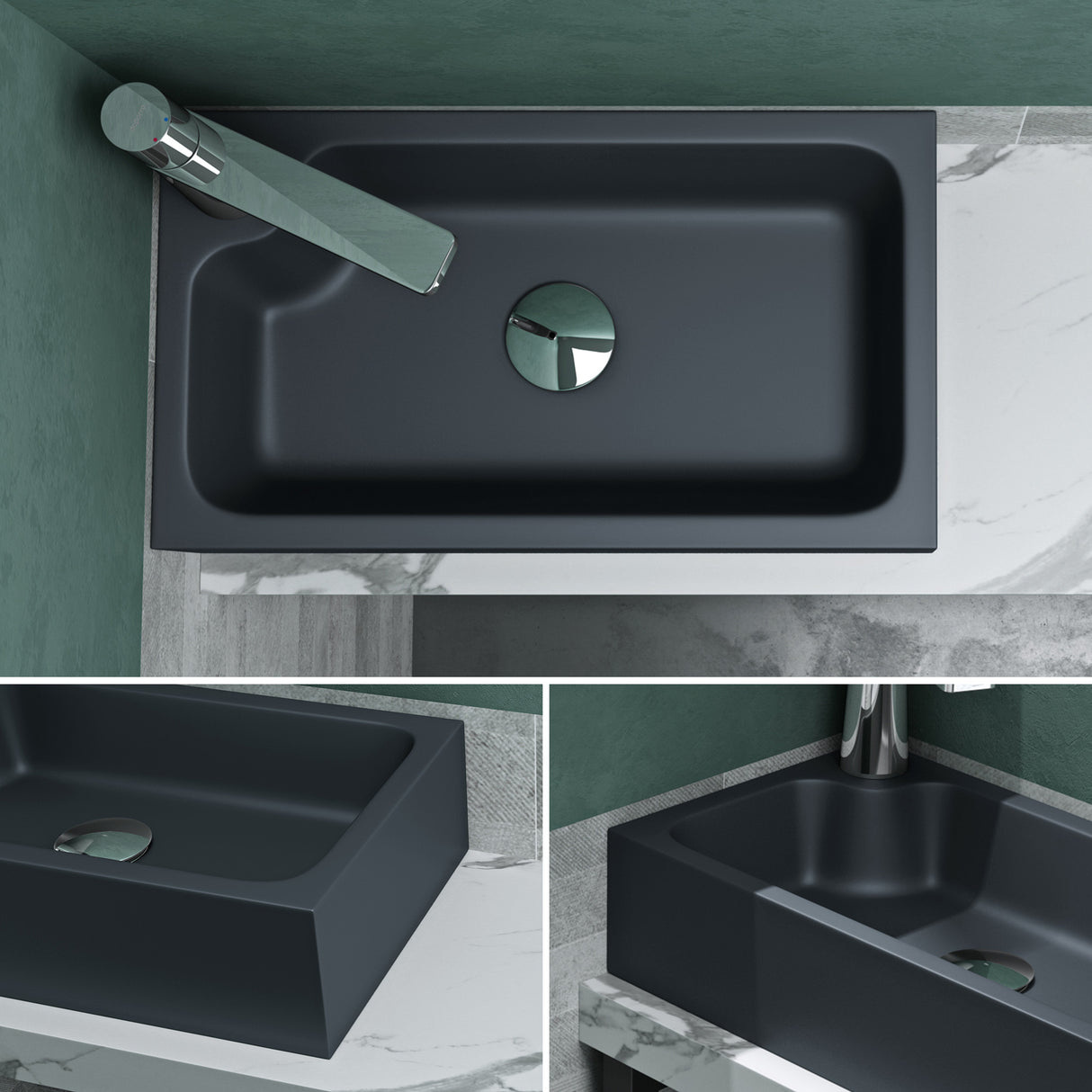 glasvilla Waschbecken Gäste WC Aufsatzwaschbecken mit Hahnloch 46x26x11cm Mineralguss Eckig Klein Waschschale Waschplatz Col101