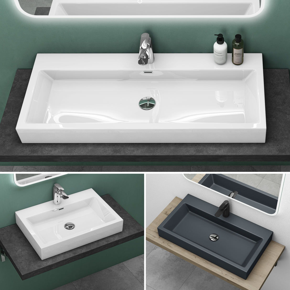 glasvilla Waschbecken Col18 Hängewaschtisch Aufsatzwaschbecken Mineralguss 1 Armaturenloch rechteckig