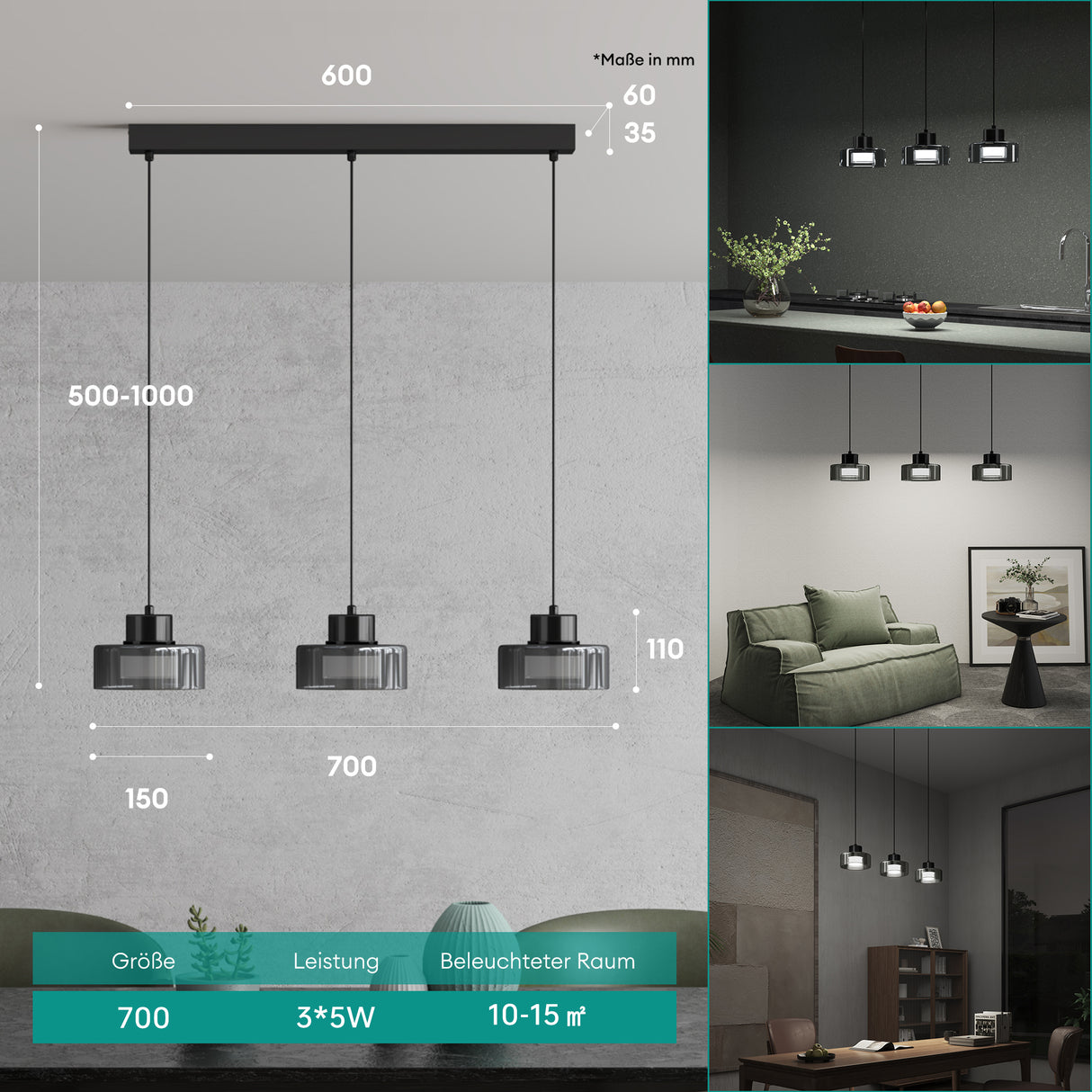 Glasvilla Design – Lámpara colgante LED negra regulable 3000K–6000K con cable ajustable