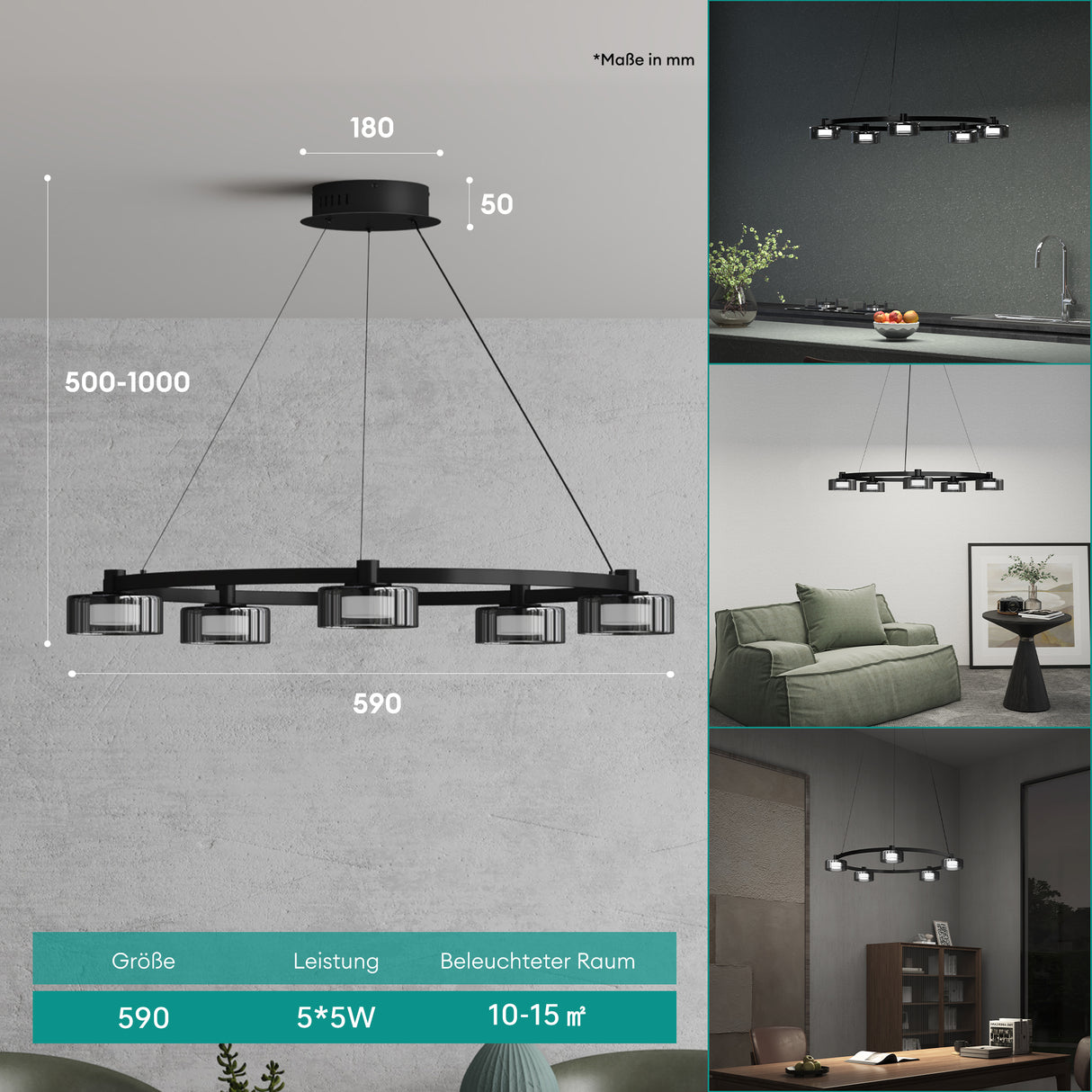 Glasvilla Design – Lámpara colgante LED negra regulable 3000K–6000K con cable ajustable