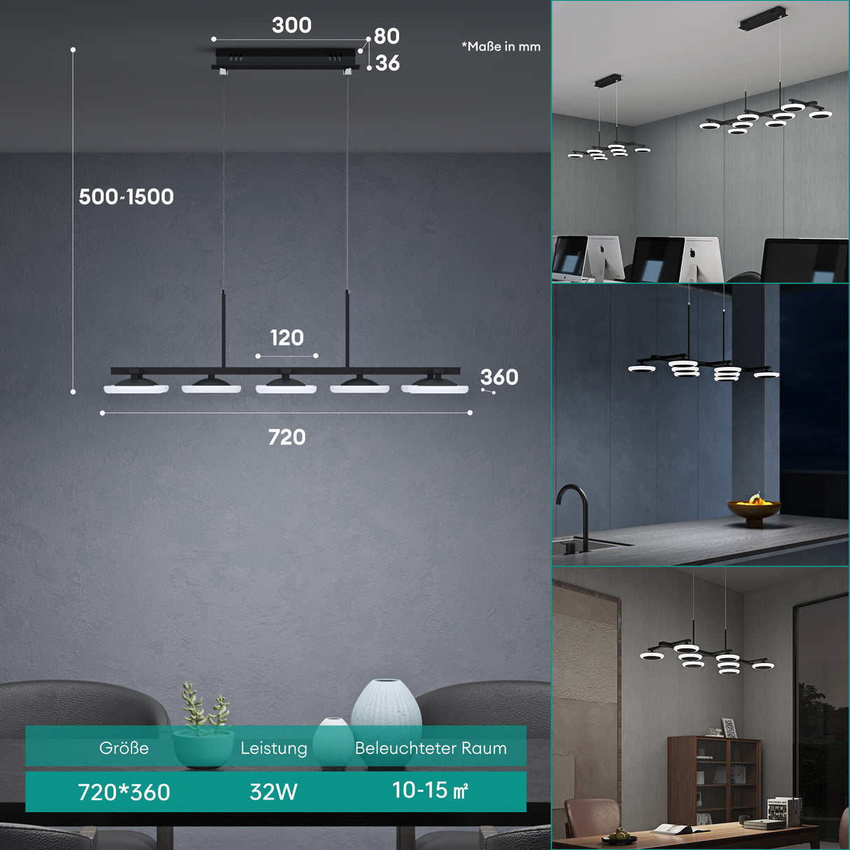 glasvilla Pendelleuchte 72cm LED Hängelampe Dimmbar mit Fernbedienung 3000K/4000K/6000K Verstellbares Kabel 32W matt Schwarz Hängeleuchte für Esszimmer Wohnzimmer Schlafzimmer