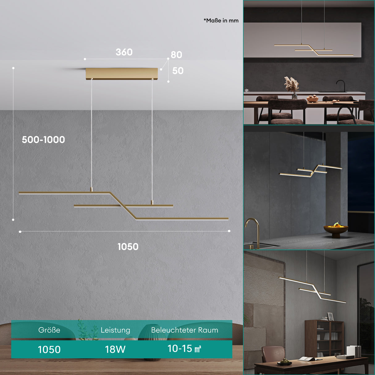 Glasvilla Design – Lámpara colgante LED lineal 105 cm, 3 temperaturas de color 3000K–6000K (18W)