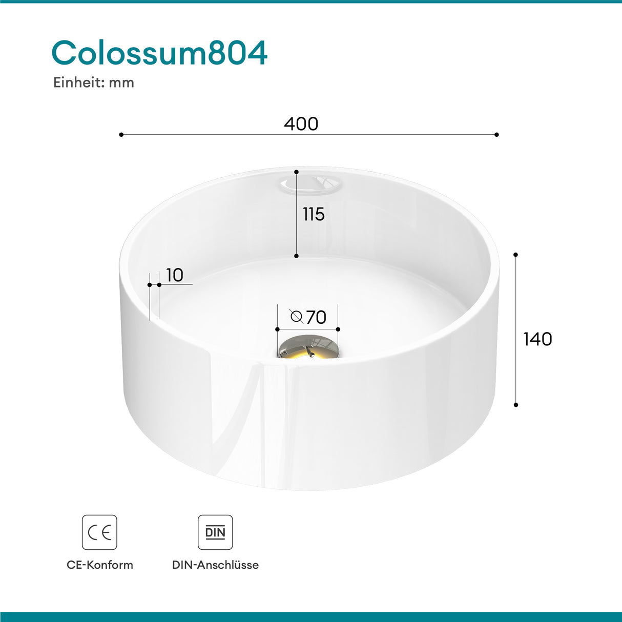 glasvilla 40x40x15cm Waschbecken rund Col804 Aufsatzwaschbecken ohne Hahnloch und Überlauf.. Col804 Moderne Optik- höchste Funktionalität