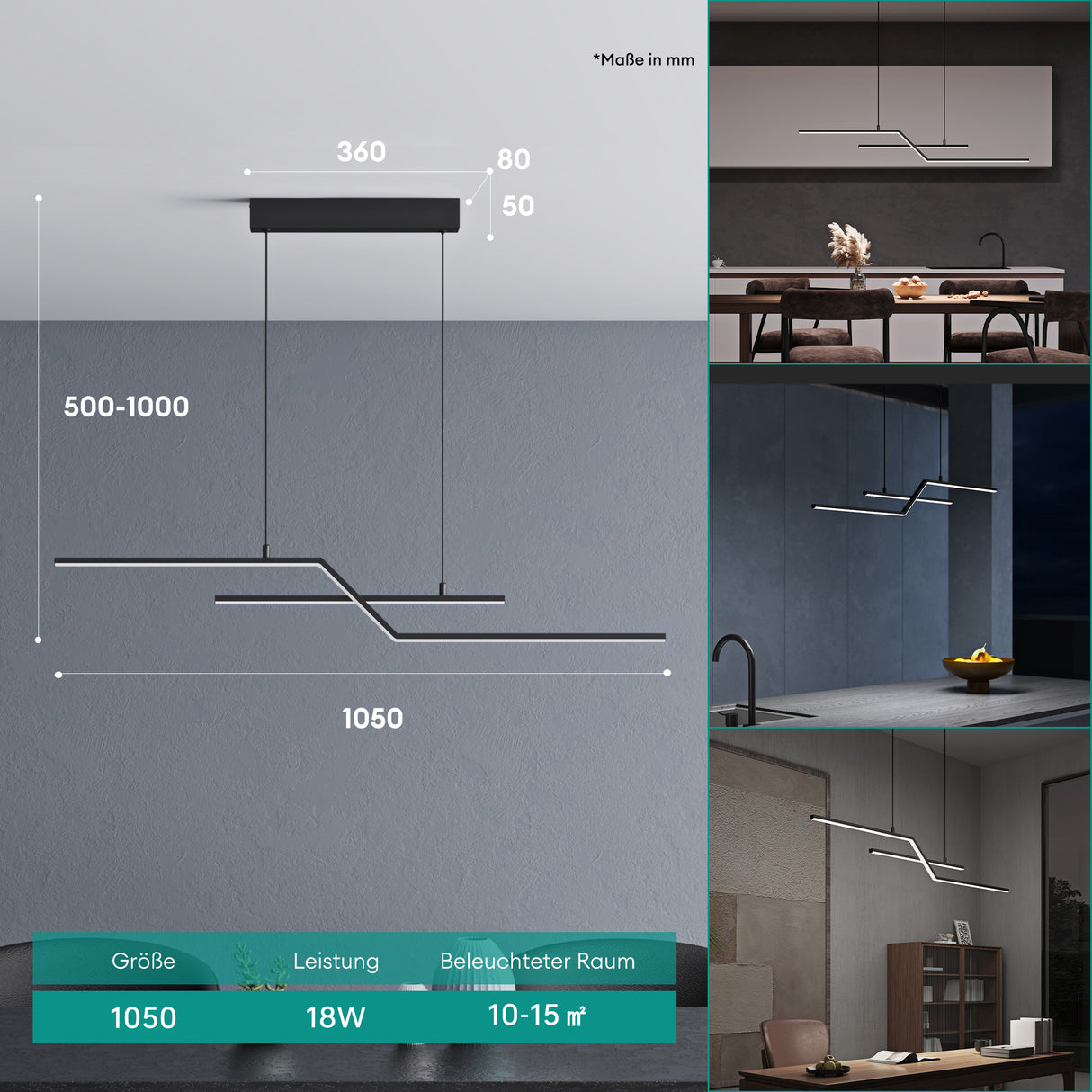 Glasvilla Design – Lámpara colgante LED lineal 105 cm, 3 temperaturas de color 3000K–6000K (18W)