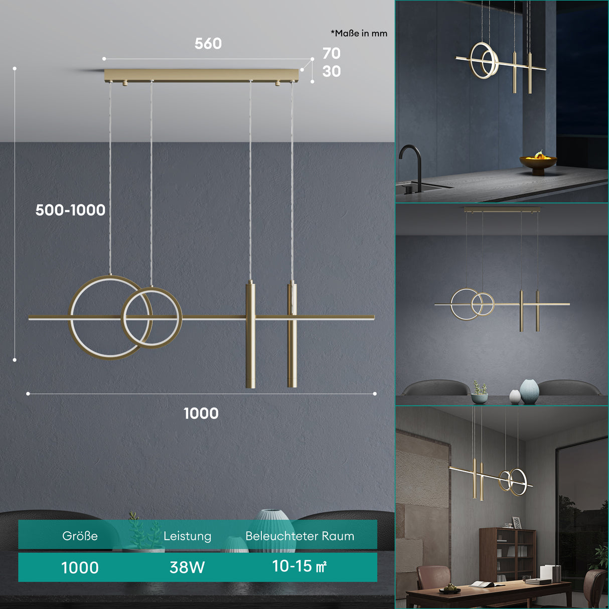 glasvilla Pendelleuchte 100cm LED Hängelampe Linear design 3000K/4200K/6000K Verstellbares Kabel 30W Hängeleuchte Alivetta2256