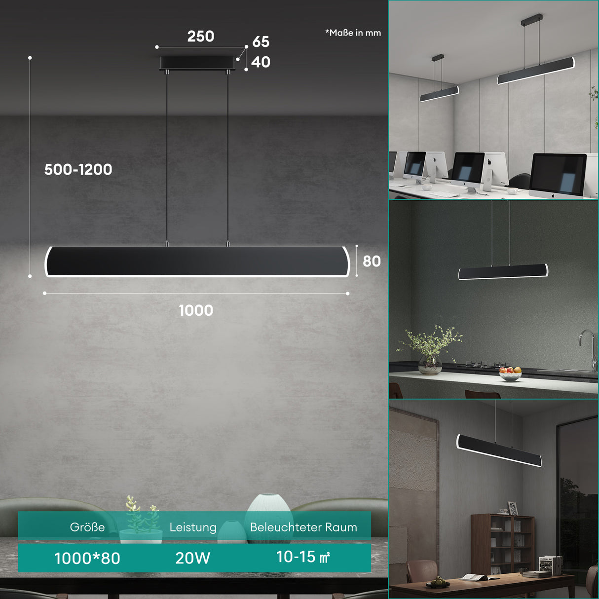 glasvilla Pendelleuchte 100cm LED Hängelampe Dimmbar mit Fernbedienung 3000K/4000K/6000K Verstellbares Kabel 20W Hängeleuchte Alivetta3730