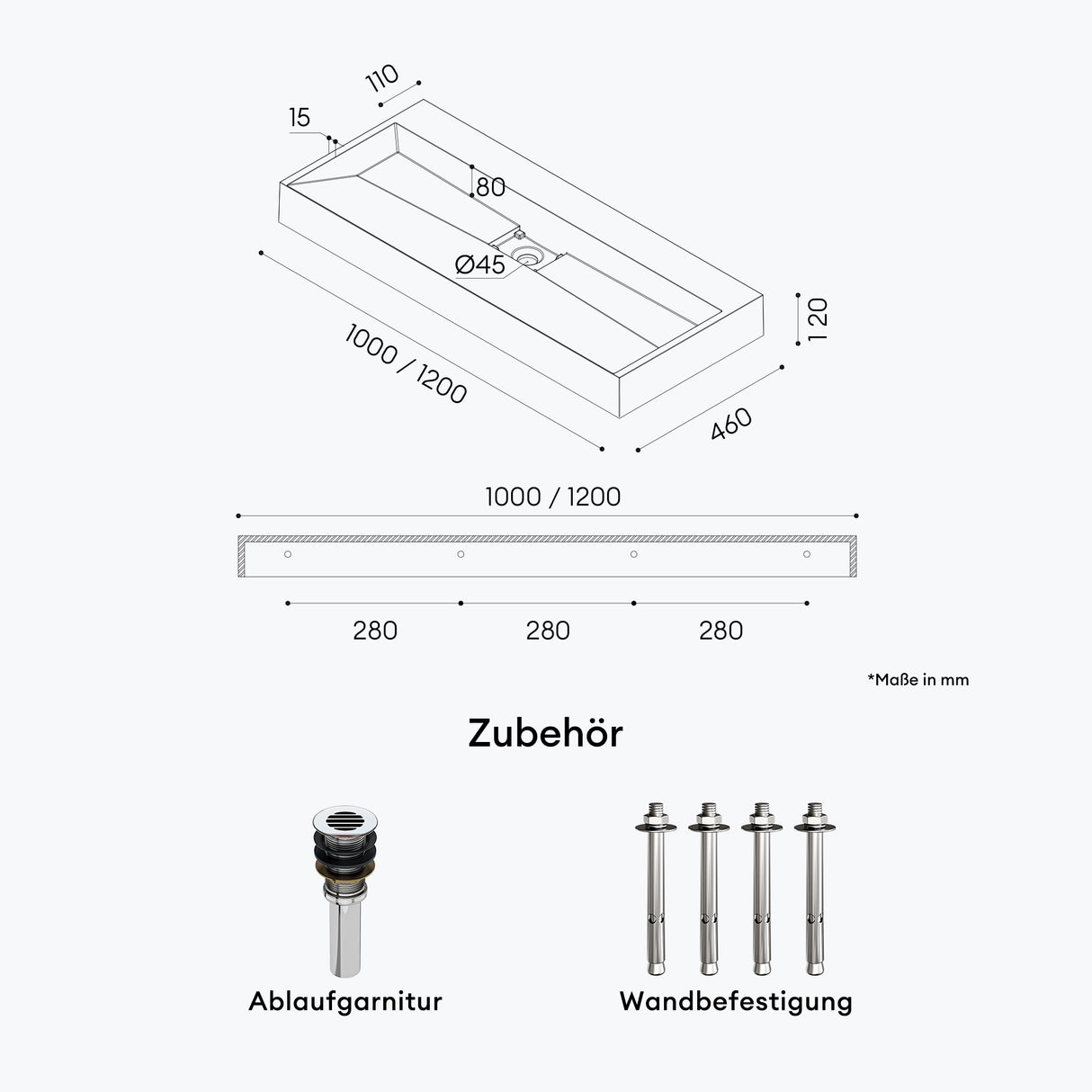 glasvilla Waschbecken Aufsatzwaschbecken Hängewaschbecken Hängewaschtisch inkl. Ablaufgarnitur Mineralguss Rechteckig Waschplatz col19