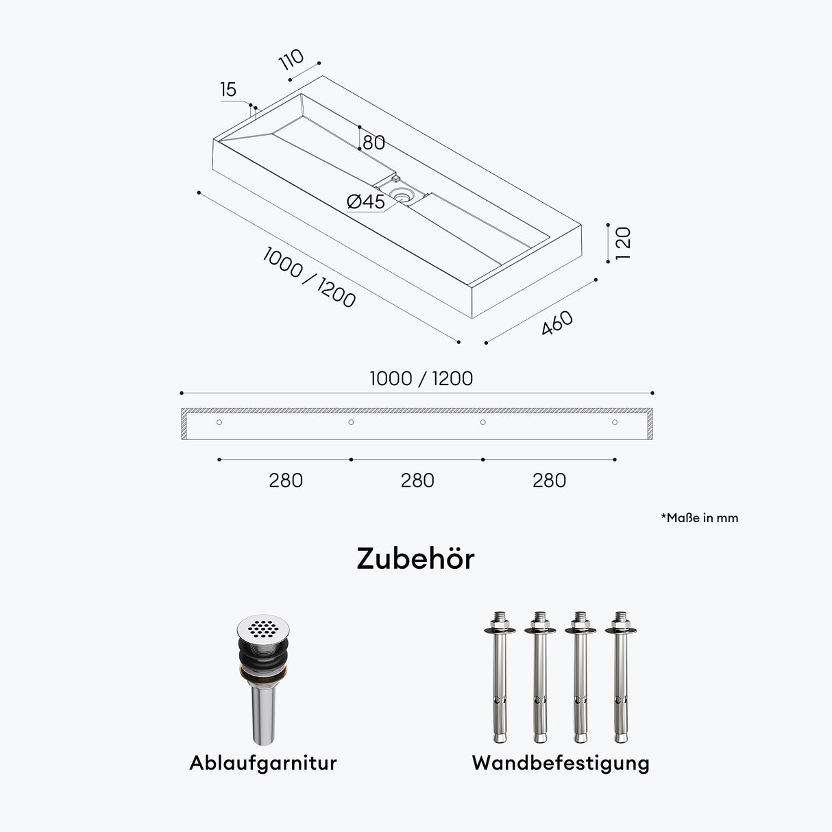 glasvilla Waschbecken Aufsatzwaschbecken Hängewaschbecken Hängewaschtisch inkl. Ablaufgarnitur Mineralguss Rechteckig Waschplatz col19