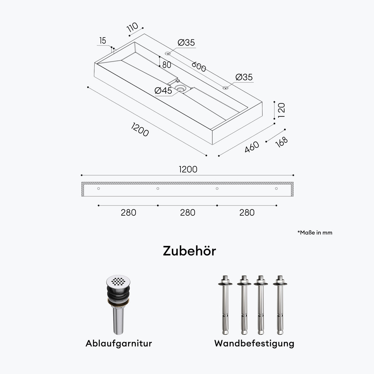 glasvilla Waschbecken Aufsatzwaschbecken Hängewaschbecken Hängewaschtisch inkl. Ablaufgarnitur Mineralguss Rechteckig Waschplatz col19