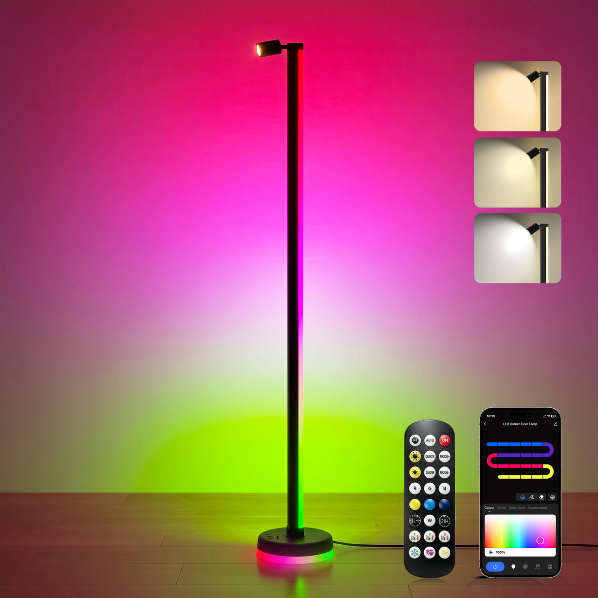 glasvilla Wohnzimmer Dimmbar mit Leselampe, RGBICWW LED Stehlampe mit Warmweiß & 16 Mio. Farben, App & Fernbedienung, 270° Licht, Musik-Sync, für Schlafzimmer Gaming, Lineora-02