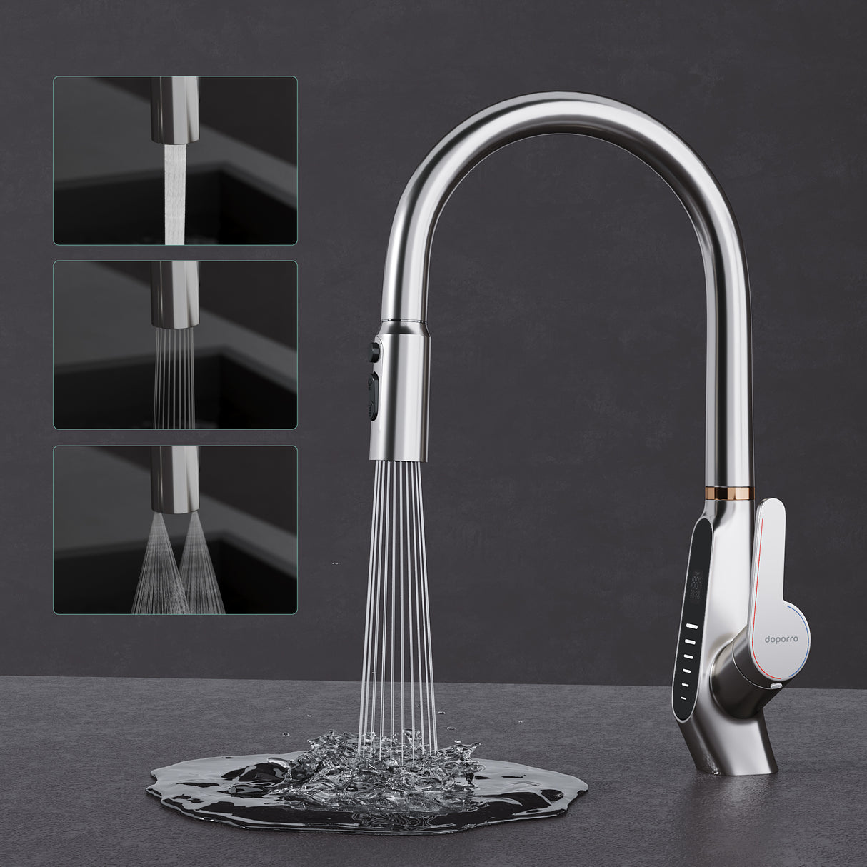 glasvilla Wasserhahn Küche Küchenarmatur ausziehbar 360° drehbar 3 Wasserstrahl-Modi LED-Digitalanzeige Küchenwasserhahn Spültischarmatur MS-8085