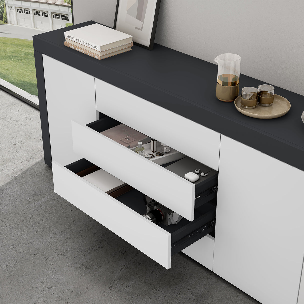 glasvilla Sideboard Aufbewahrungsschrank BTH: 167x36x70 cm mit 2 Schränken und 4 Schubladen Kommode Mehrzweckschrank Möbel Schrank03