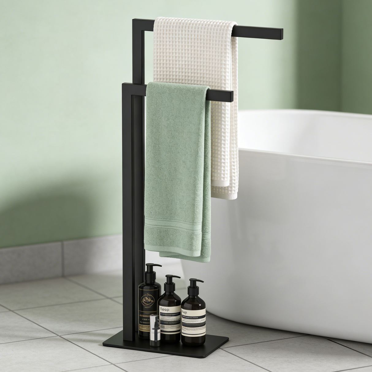 glasvilla Porta Asciugamani Bagno da Terra a 2 Bracci, Portasciugamani in Acciaio per Bagno, Antiruggine, Tavrin-02