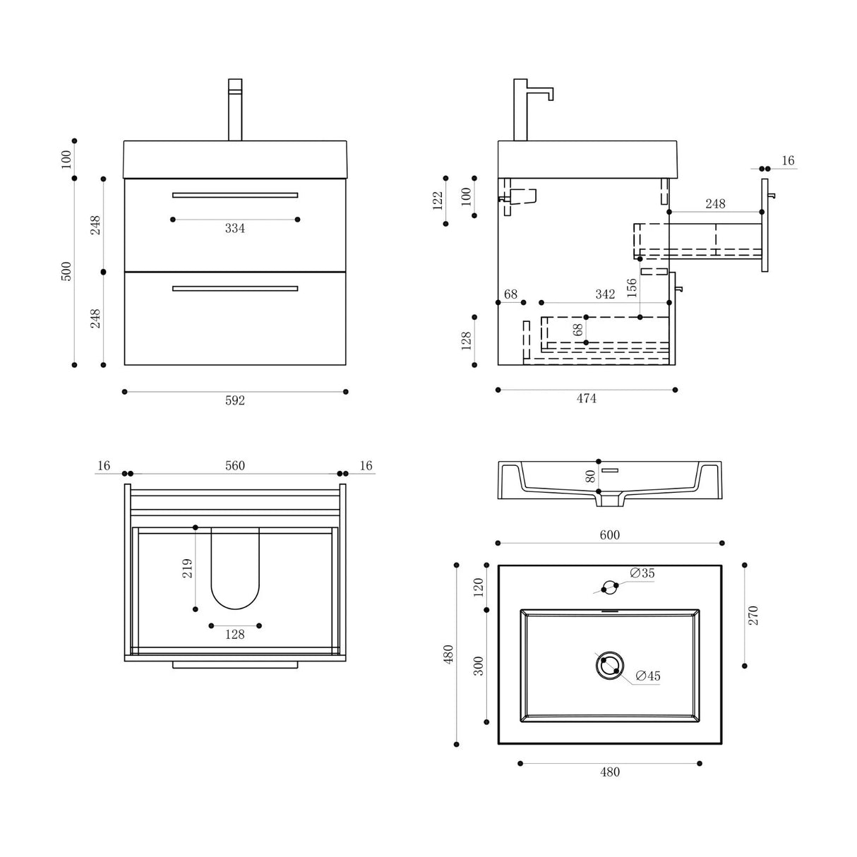 glasvilla Badmöbel-Set Waschbeckenunterschrank Waschtisch mit Unterschrank inkl. Mineralguss-Waschbecken Quadratto