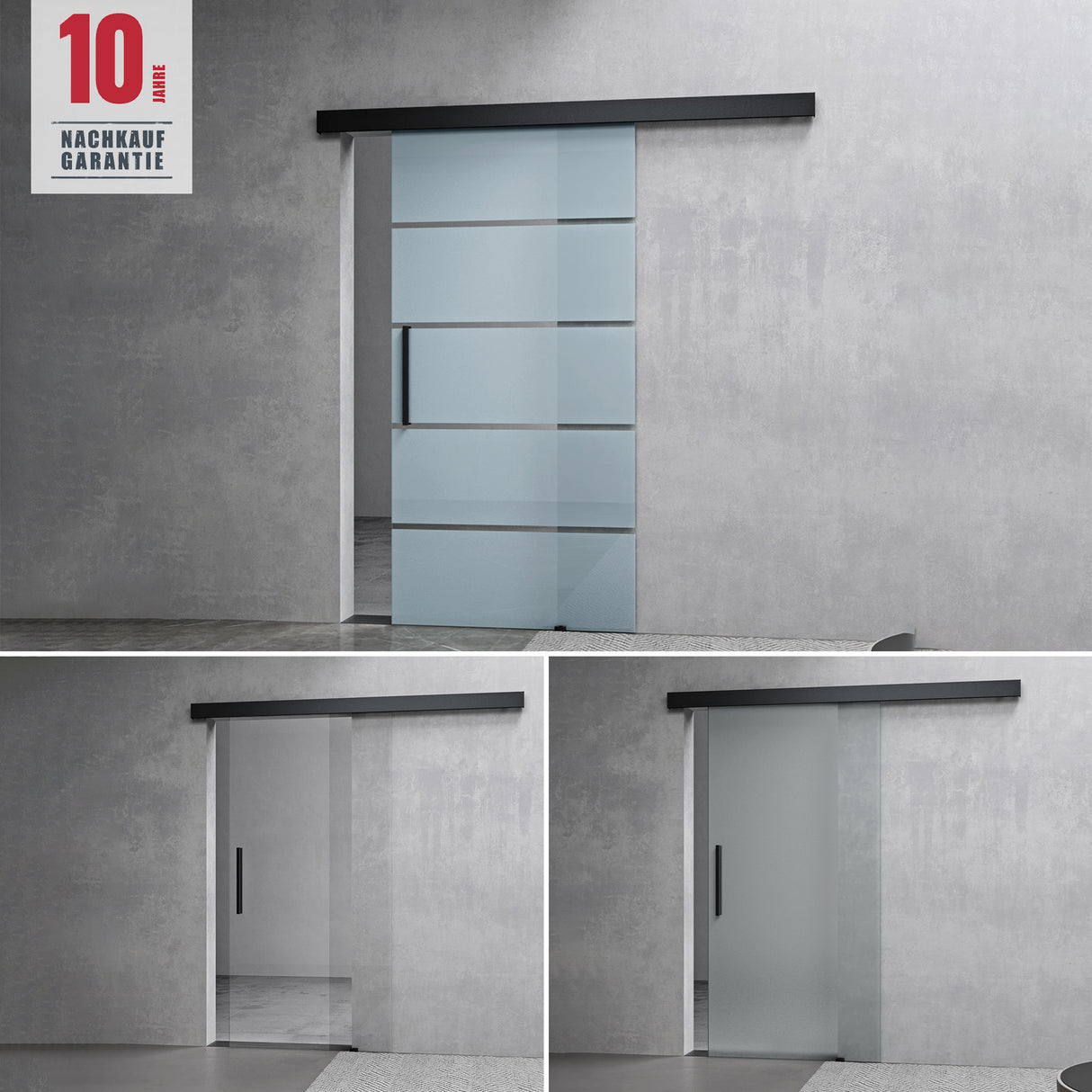 glasvilla Glasschiebetür komplettset, Griffart: Stangengriff, 15 mm Wandabstand, 8mm ESG-Sicherheitsglas Amalfi Schwarz