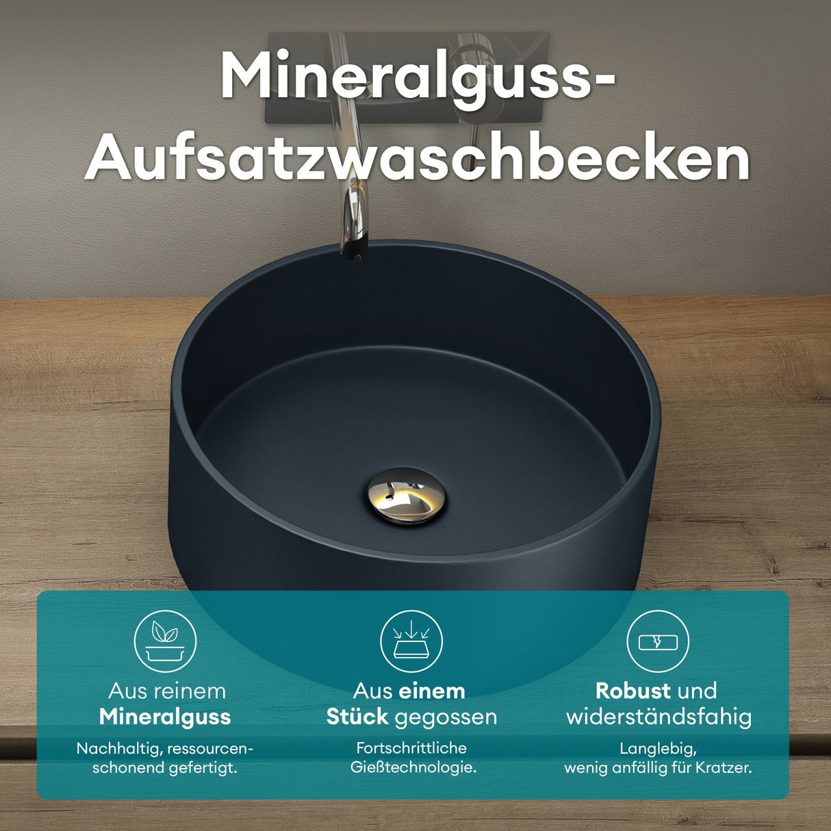 glasvilla 40x40x15cm Waschbecken rund Col804 Aufsatzwaschbecken ohne Hahnloch und Überlauf.. Col804 Moderne Optik- höchste Funktionalität