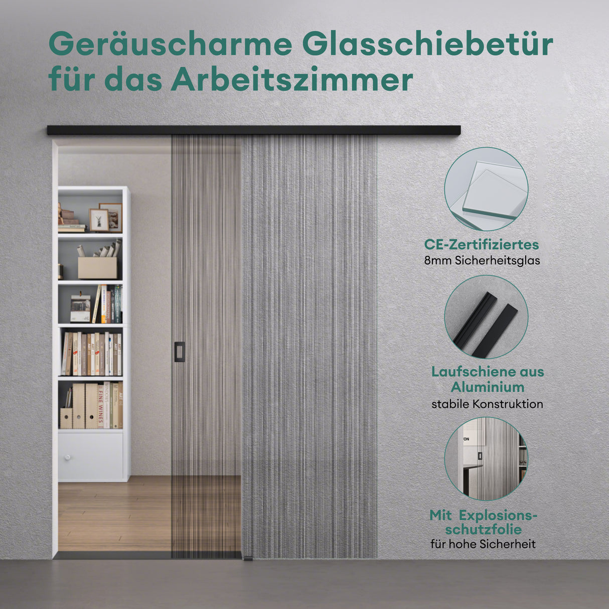 glasvilla Glasschiebetür komplettset Zimmertür Matt Schwarz 8mm ESG-Sicherheitsglas, Schiebetür Glas schwarz gebürstet mit Laufschiene aus Aluminium Muranino-001